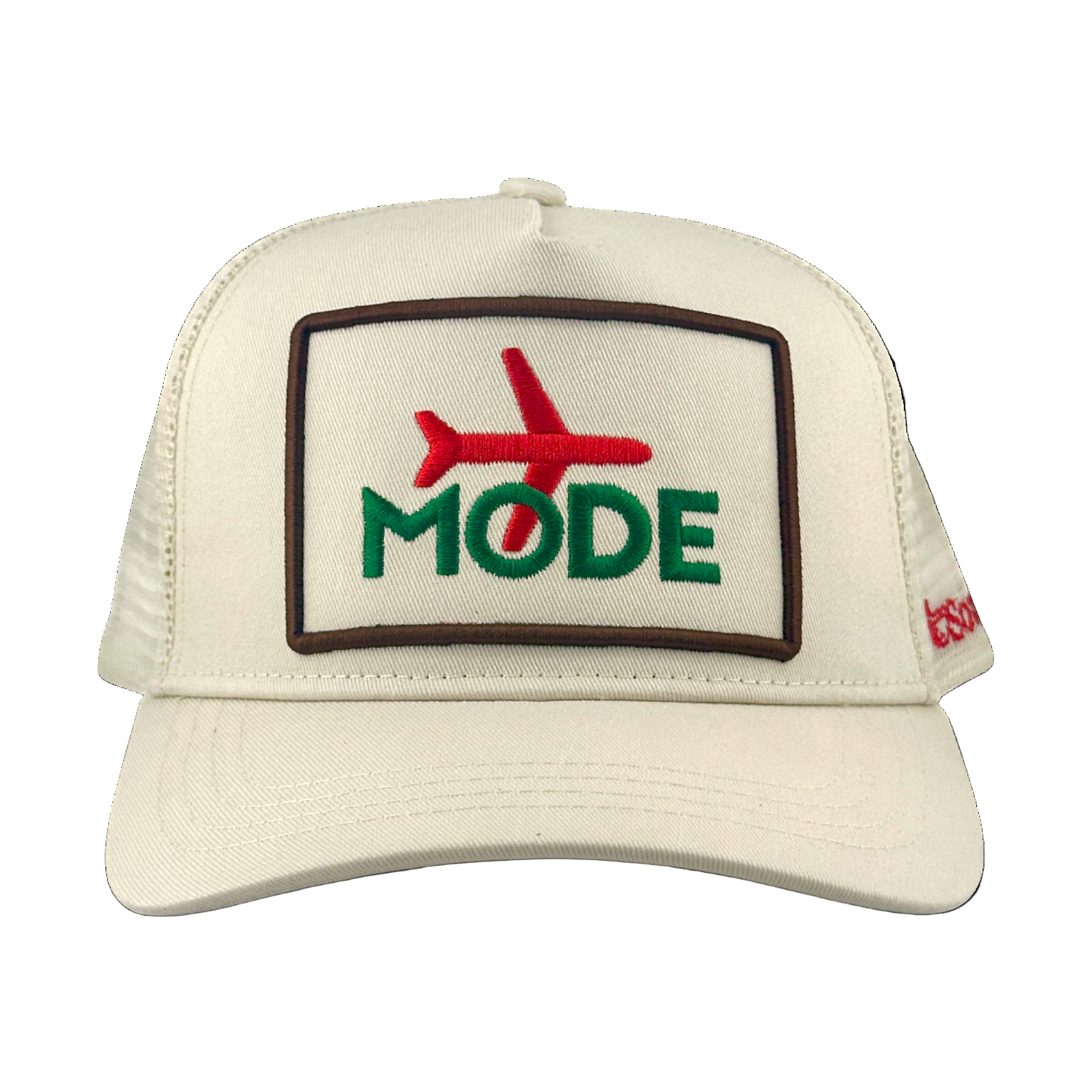 Front view of cream Airplane Mode trucker hat with green embroidery