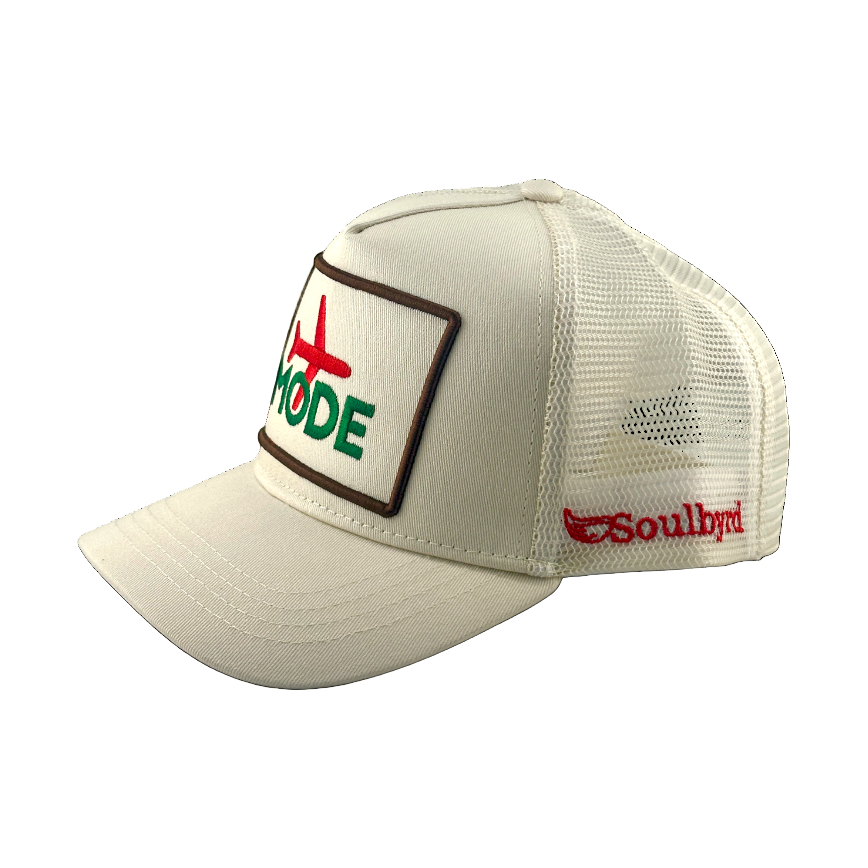 Cream Soulbyrd trucker hat with airplane MODE patch and mesh back