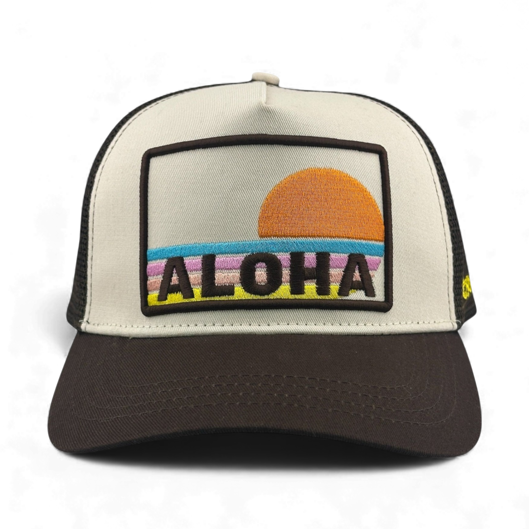 Aloha Trucker Hat front view with cotton twill panel and mesh back