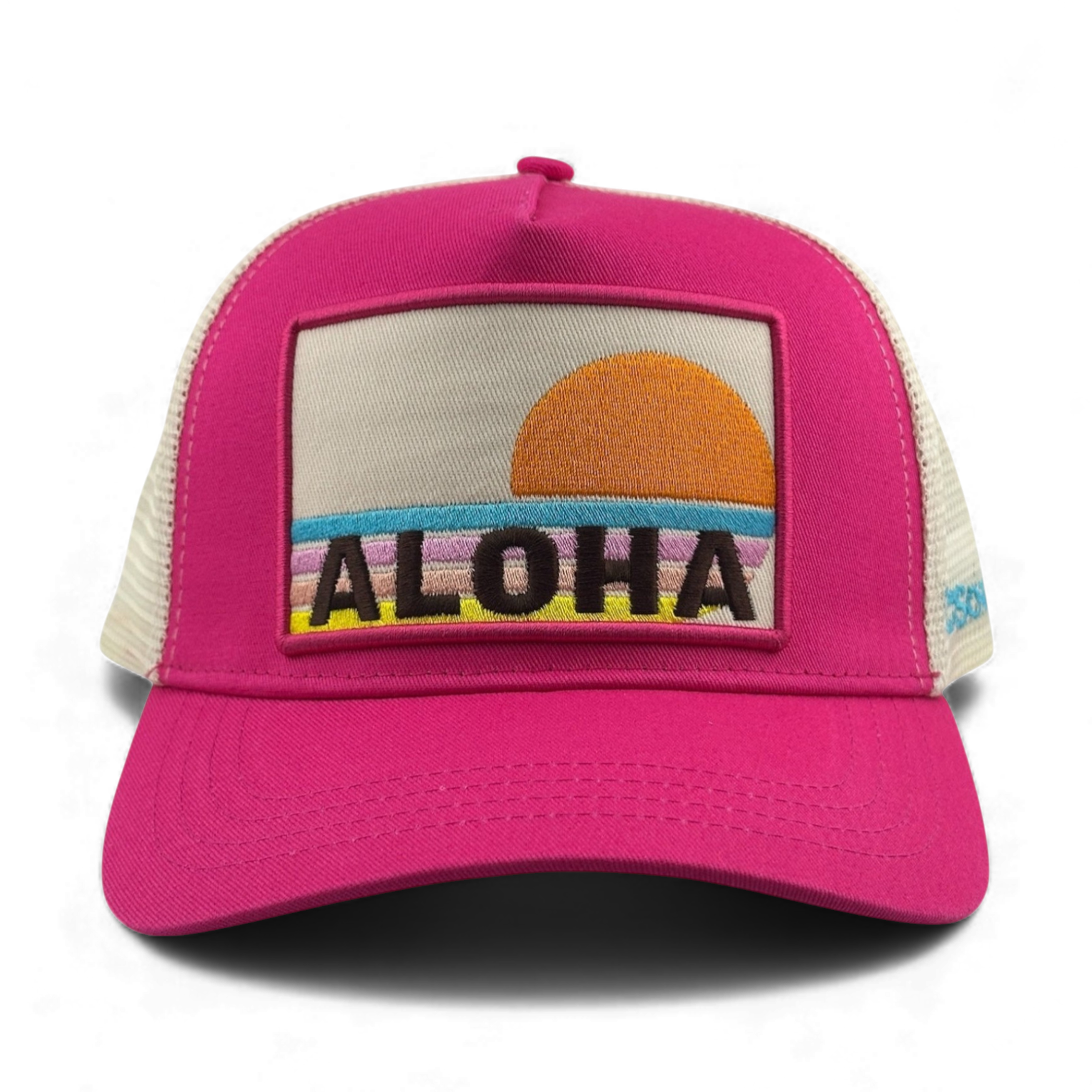Pink cotton twill Aloha trucker hat with beige mesh back and embroidered patch