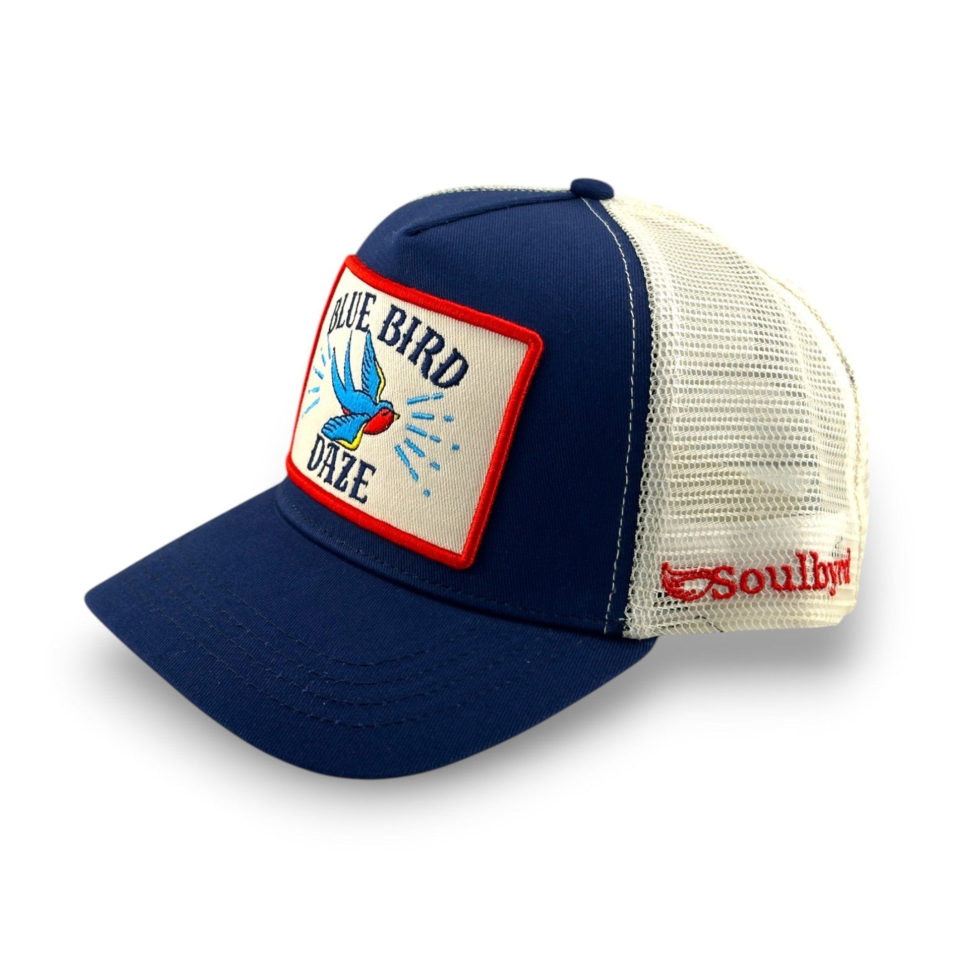 Navy Blue Bird Daze Trucker Hat with embroidered bird patch and Soulbyrd logo