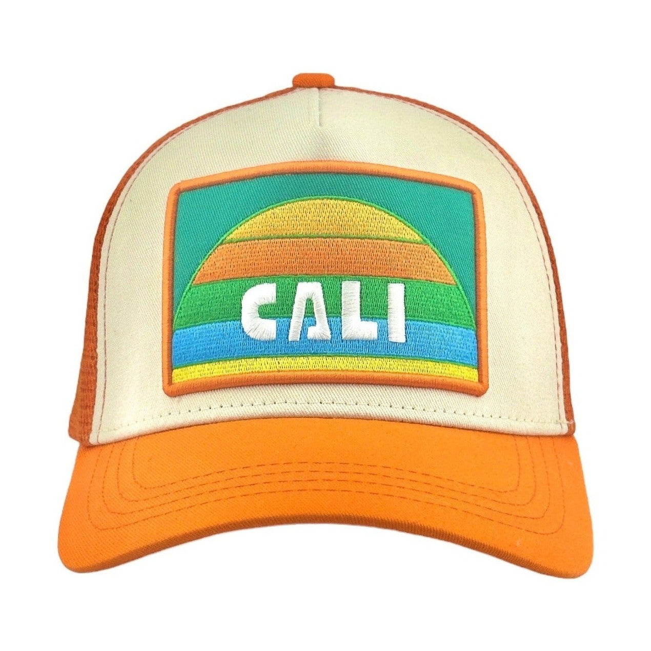 Front shot of orange and cream cotton twill trucker hat with CALI sunset patch