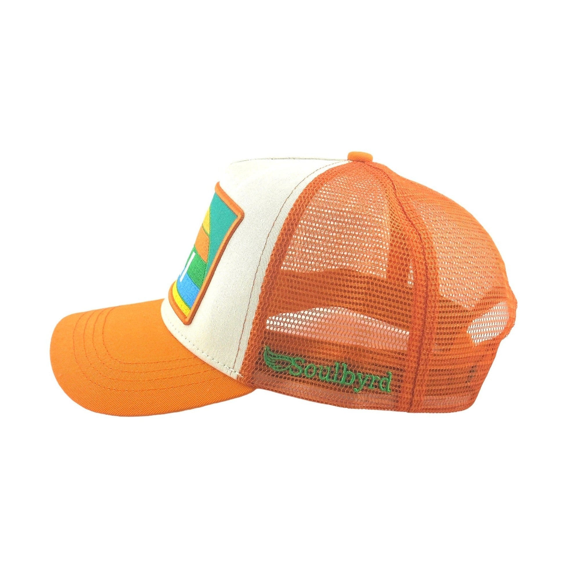 Side view of Soulbyrd orange mesh trucker hat with embroidered logo