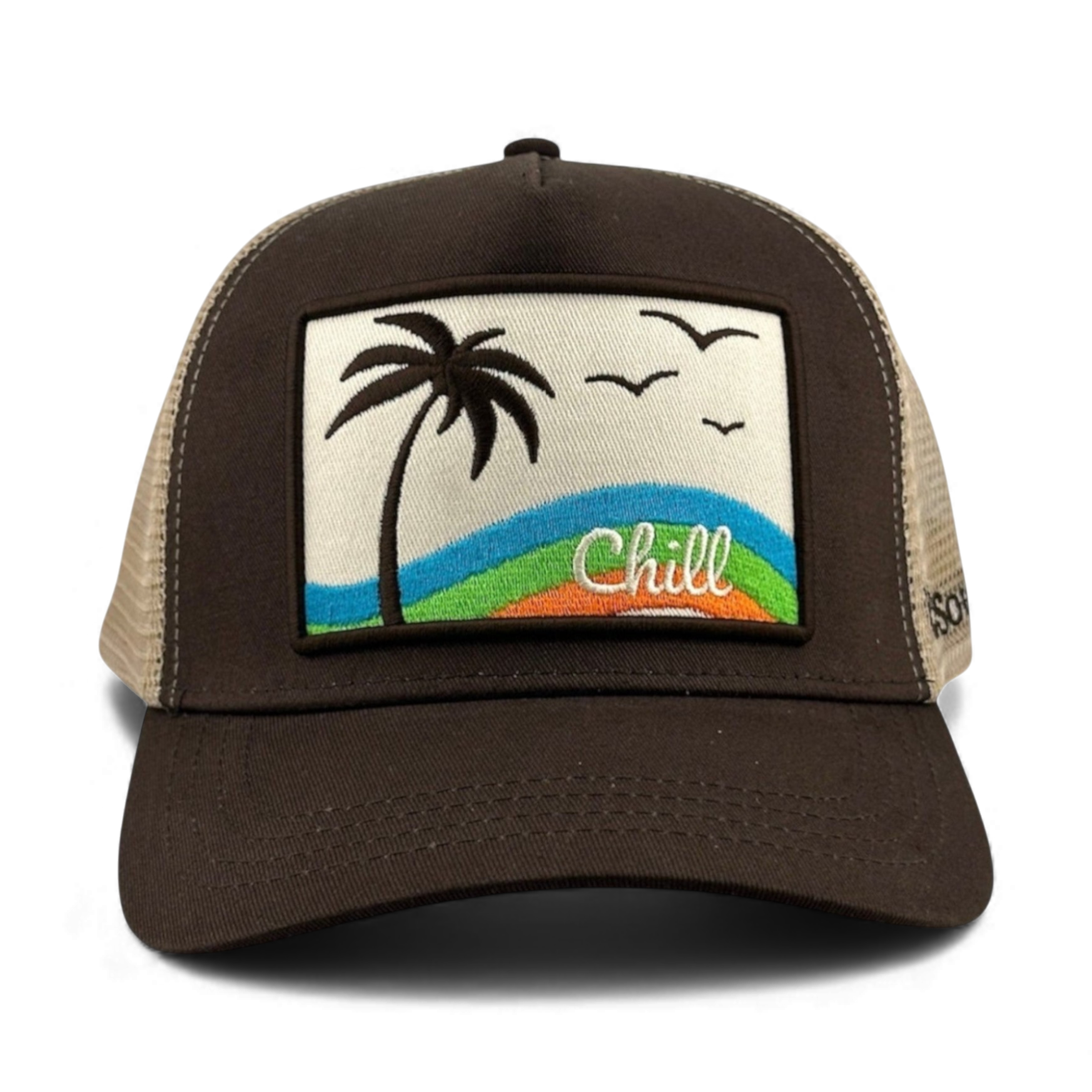 Front view of brown cotton twill trucker hat featuring Chill wave embroidery and mesh back