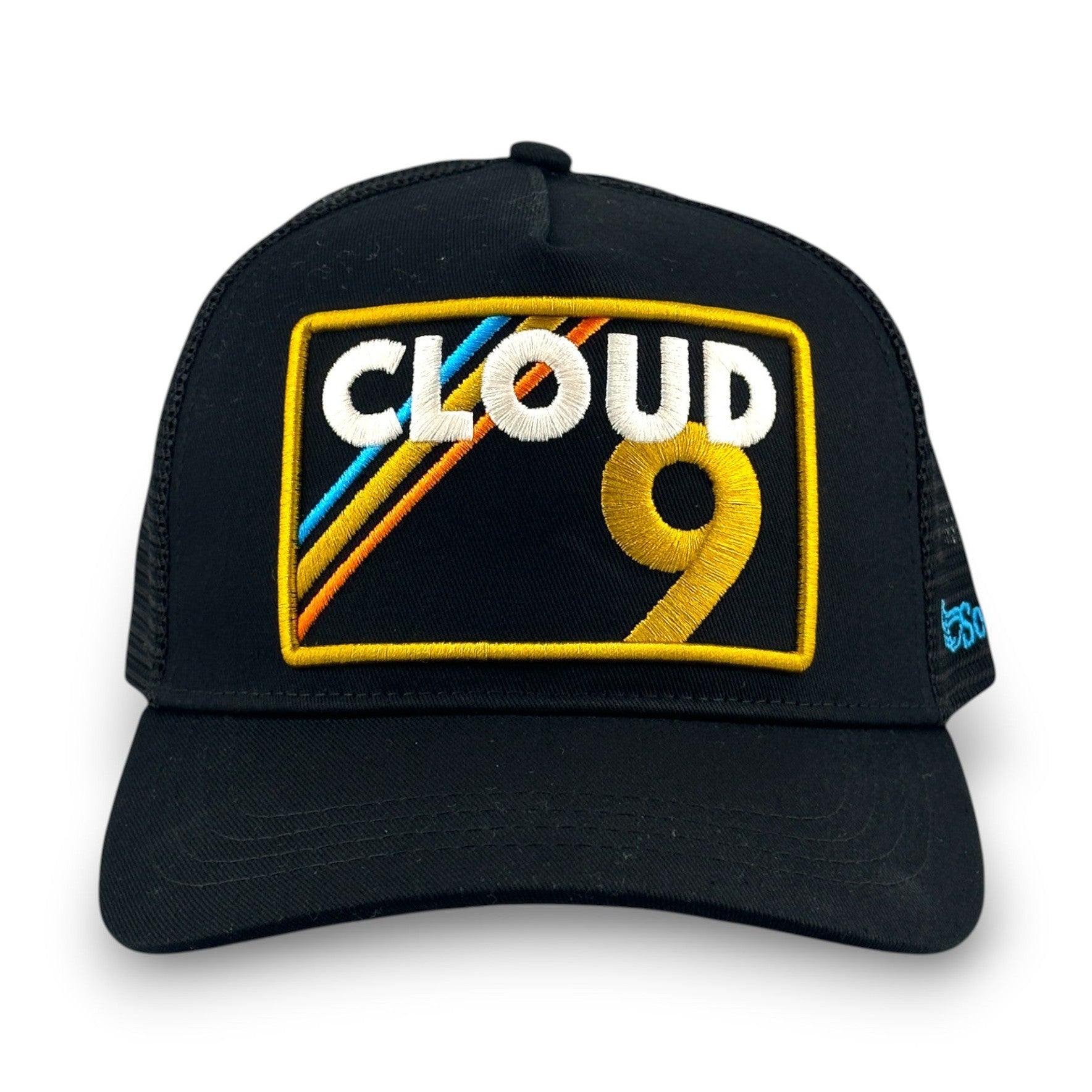 Front view black Cloud 9 trucker hat featuring white text, yellow number 9, and blue orange stripes