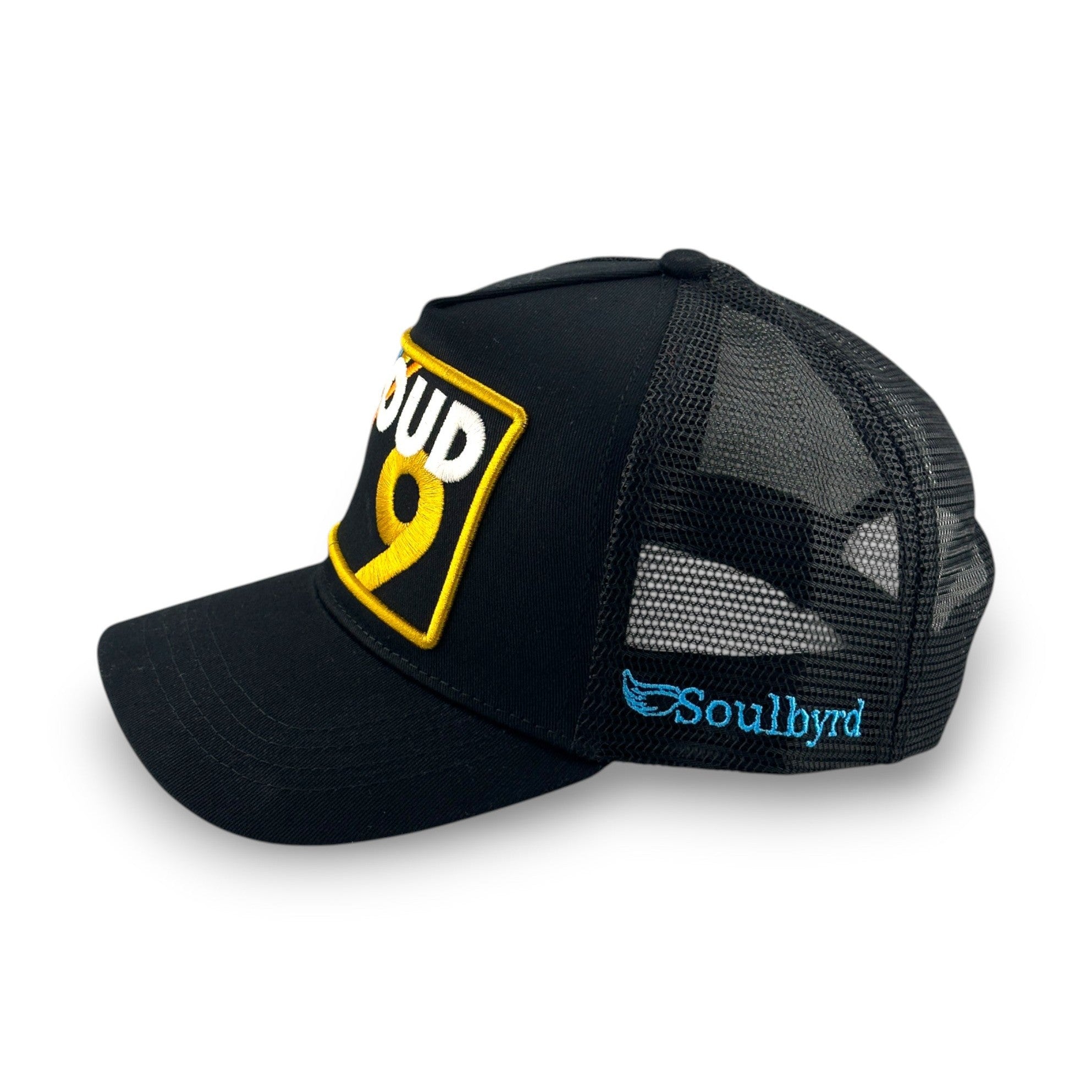 Black Cloud 9 trucker hat with yellow embroidered patch and Soulbyrd wing logo