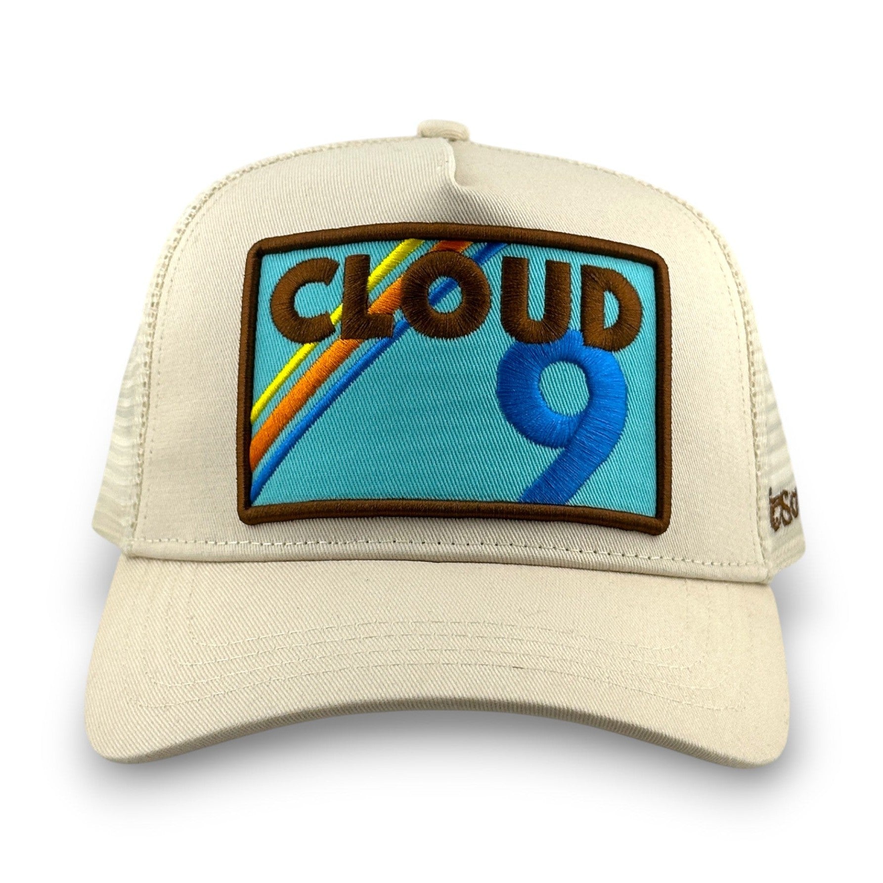 Cream Cloud 9 trucker hat with embroidered CLOUD 9 patch and cotton twill front