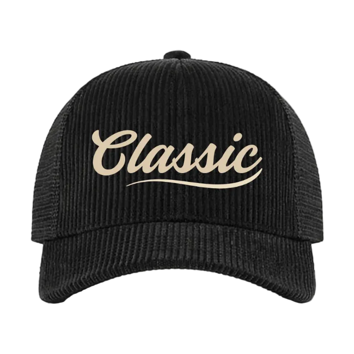 Black corduroy Classic trucker hat with beige cursive logo and mesh back