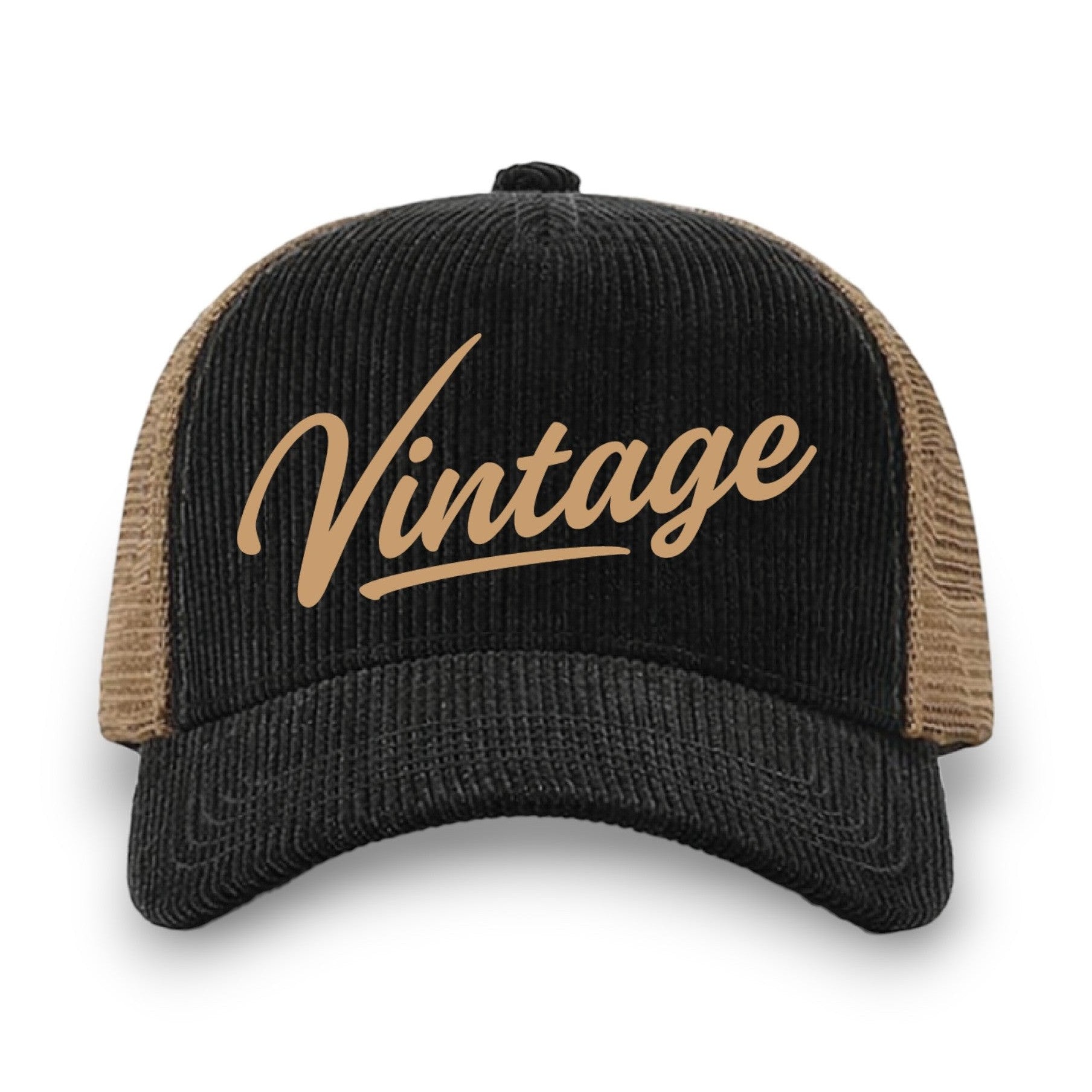 Black corduroy trucker hat with tan mesh panels and gold Vintage logo