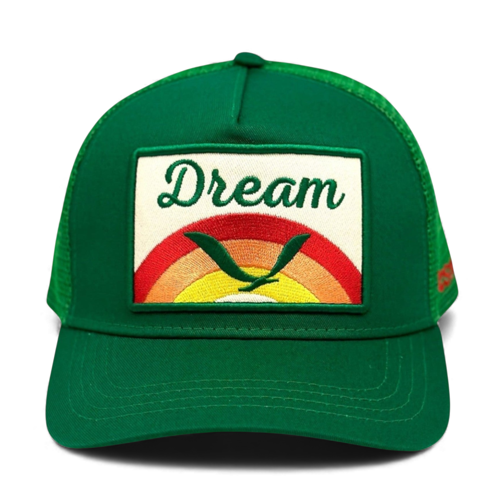 Green Dream Trucker hat with embroidered rainbow bird patch and cotton twill crown