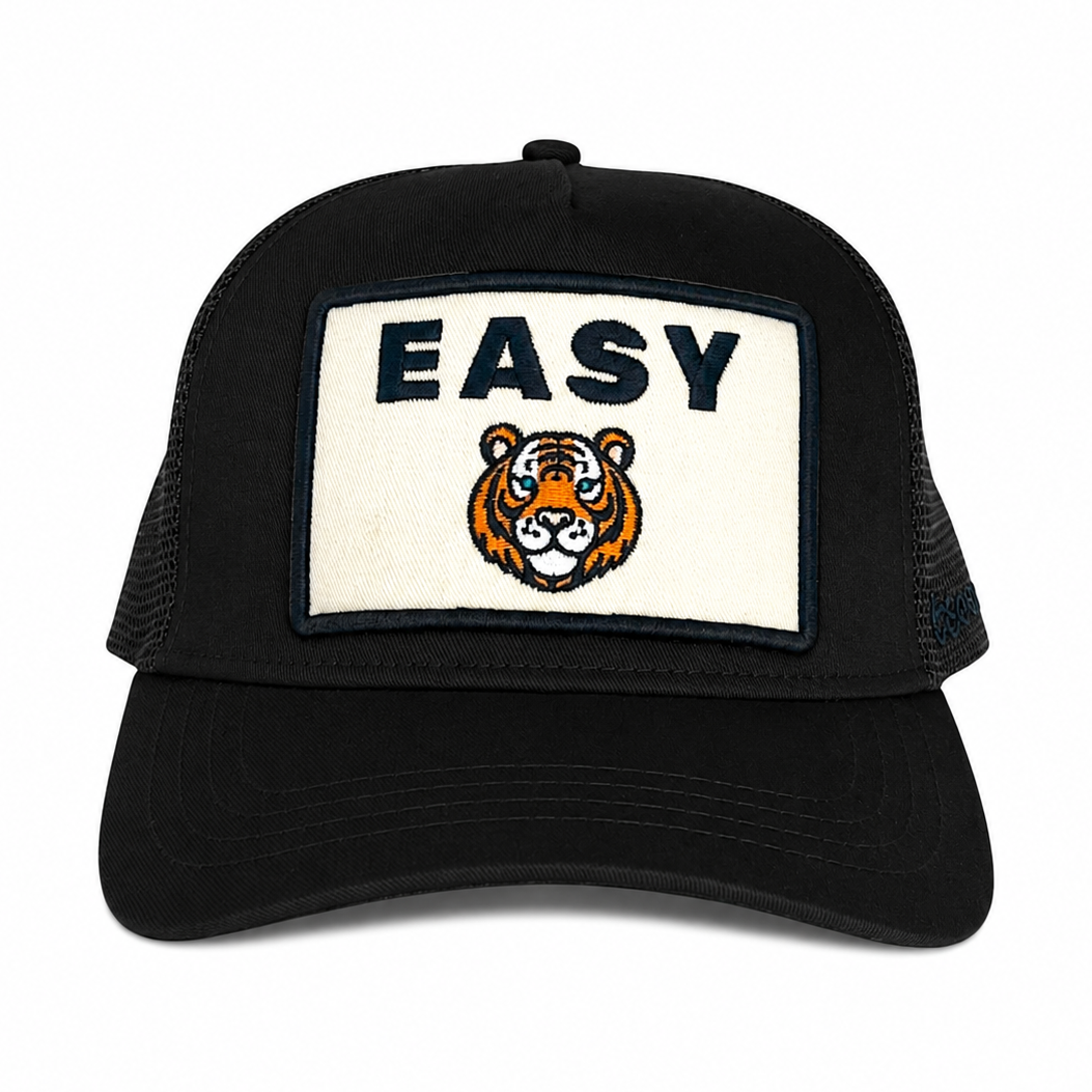 Black Soulbyrd Easy Tiger trucker hat front view with embroidered tiger logo