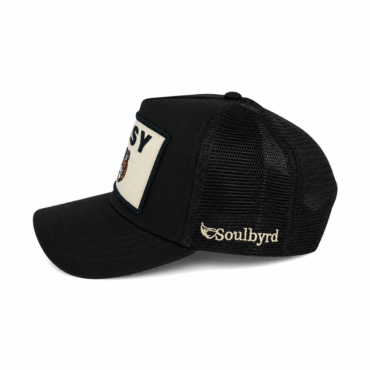 Black cotton twill trucker hat with mesh back and cream tiger logo patch