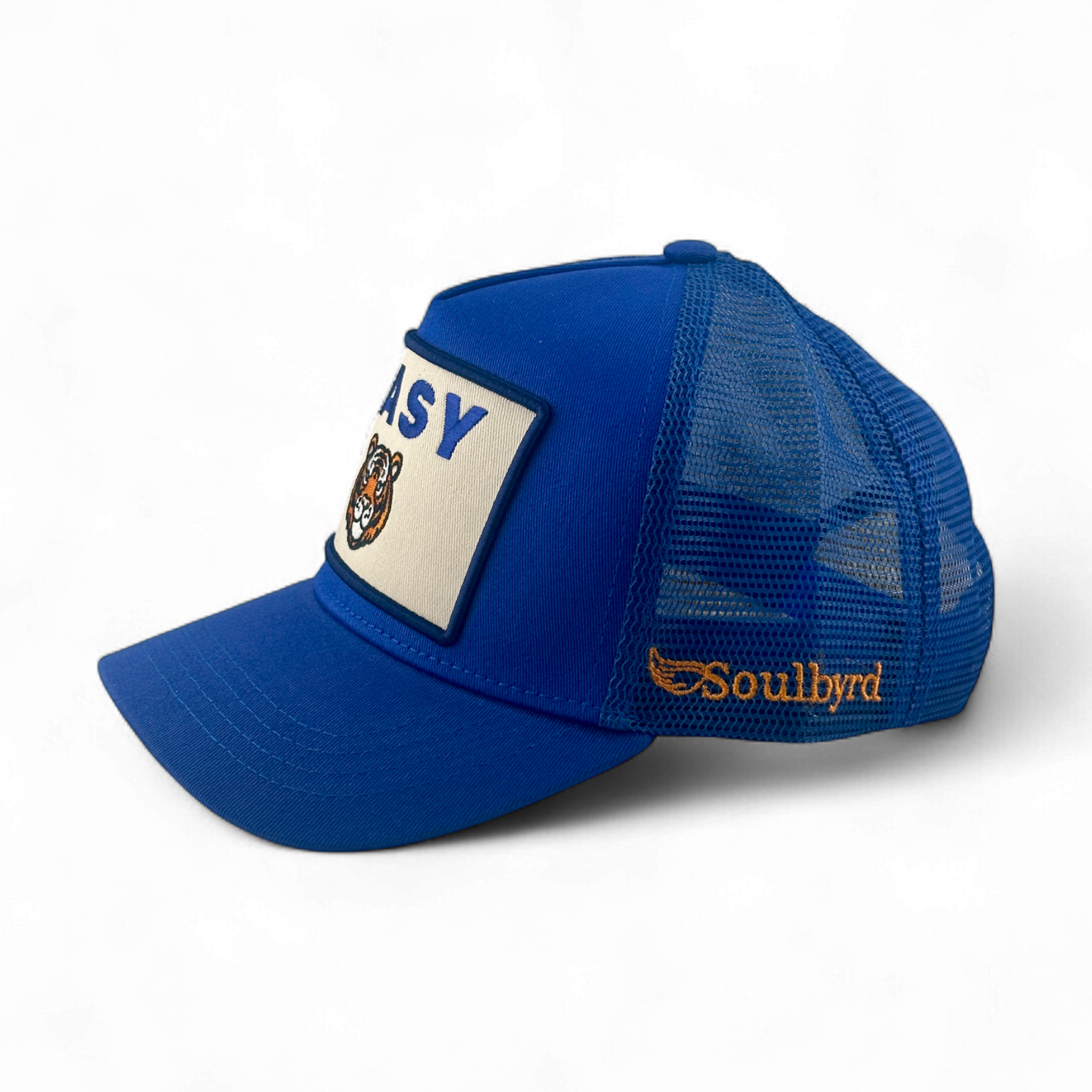 Blue Soulbyrd Easy Tiger trucker hat side view with mesh back and embroidered tiger logo