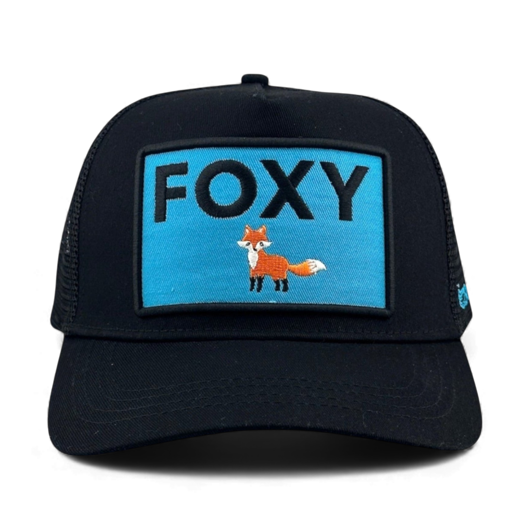 Black adjustable trucker hat featuring FOXY text and embroidered orange fox on front
