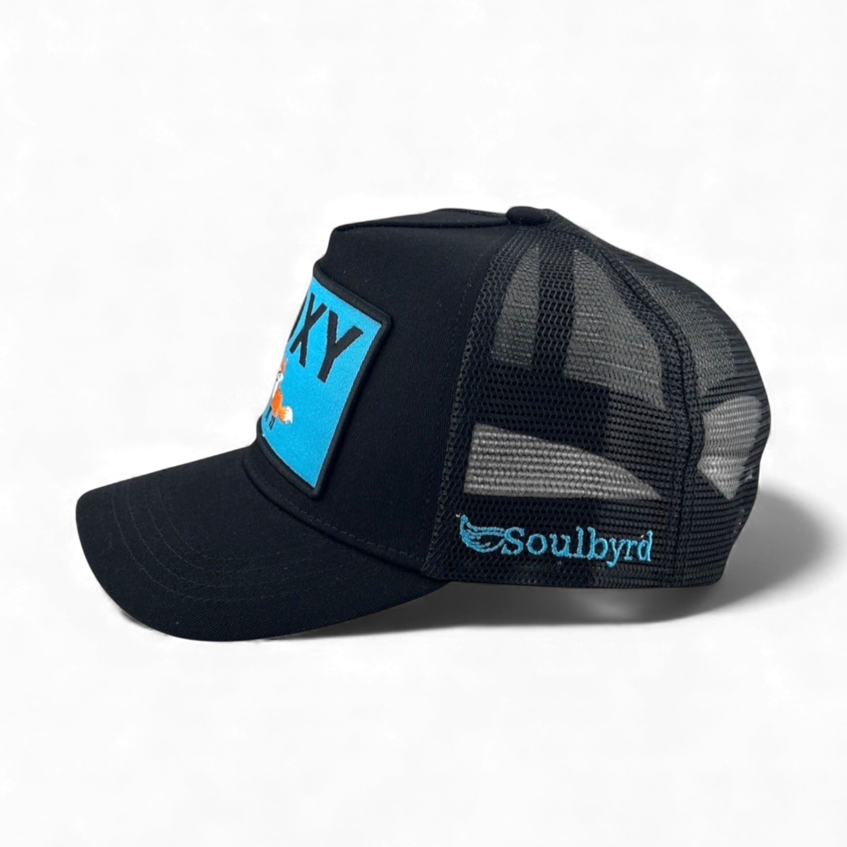 Black cotton twill trucker hat with blue patch, orange fox graphic and Soulbyrd logo