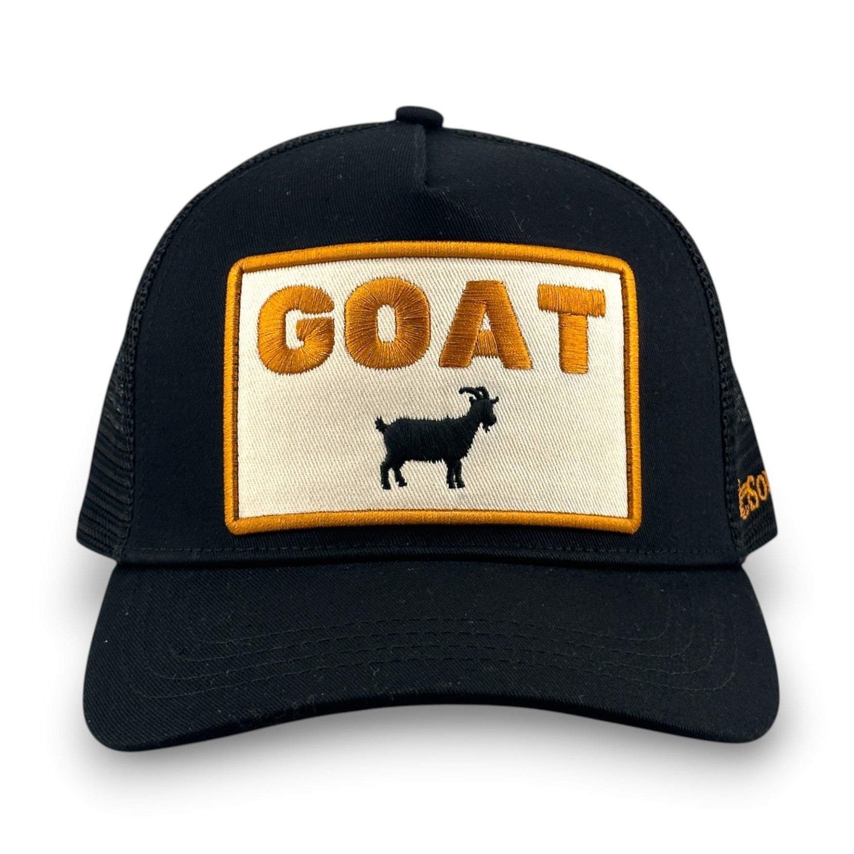 Black Soulbyrd GOAT trucker hat with embroidered goat logo on cotton twill front