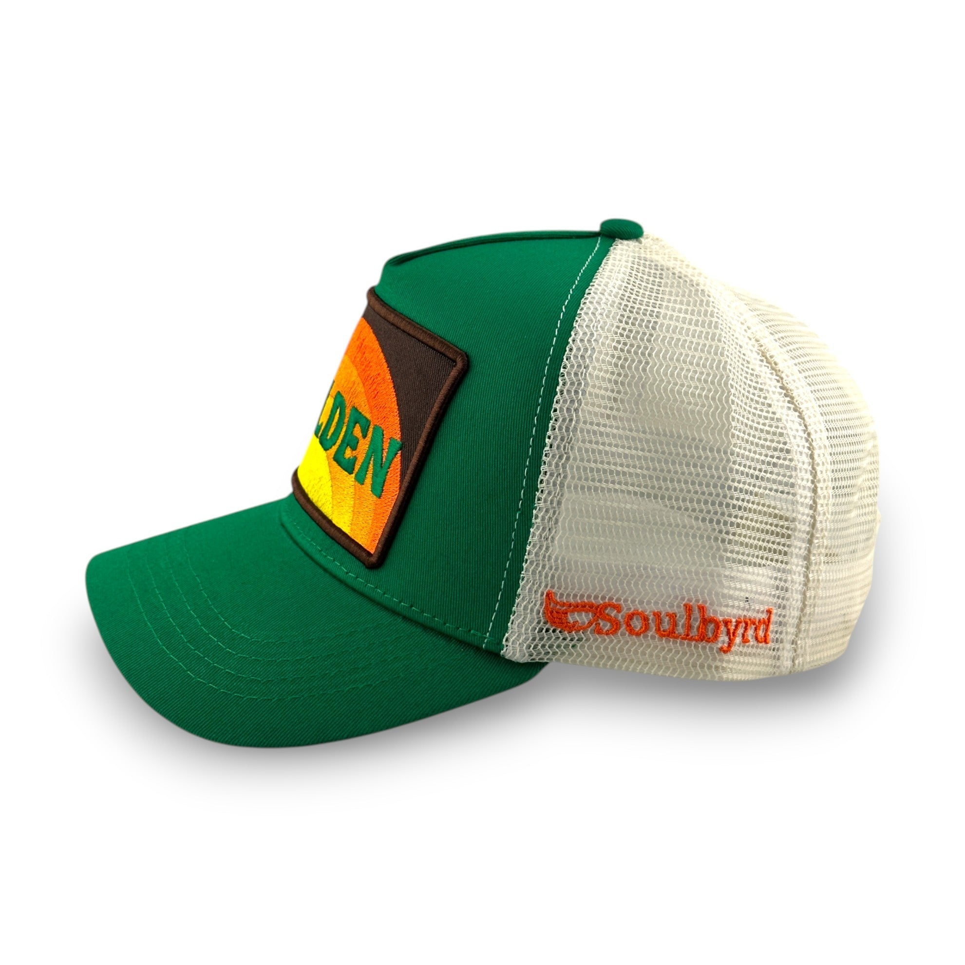 Green mesh back trucker hat showing Soulbyrd side embroidery