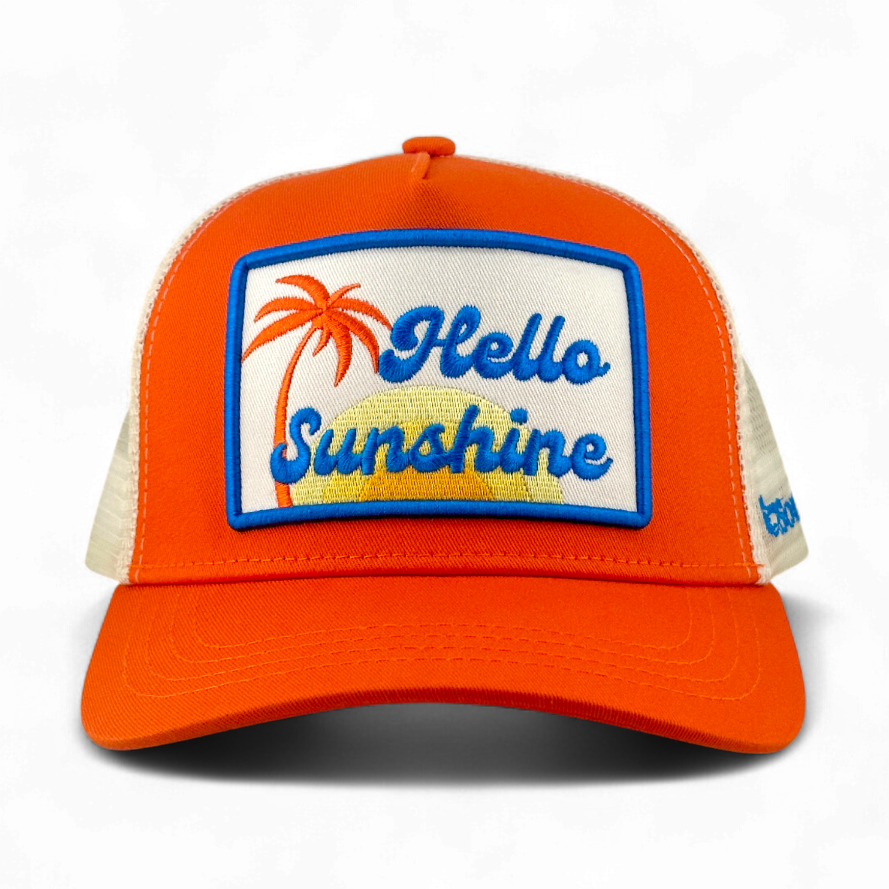 Orange Hello Sunshine trucker hat with palm tree embroidery and mesh back