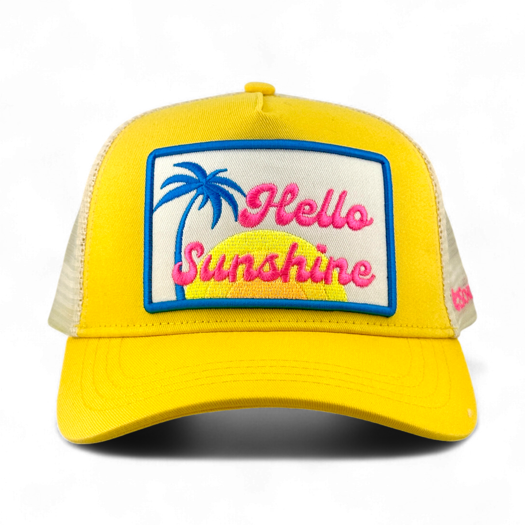 Front view of yellow Hello Sunshine trucker hat featuring embroidered palm tree patch and mesh back
