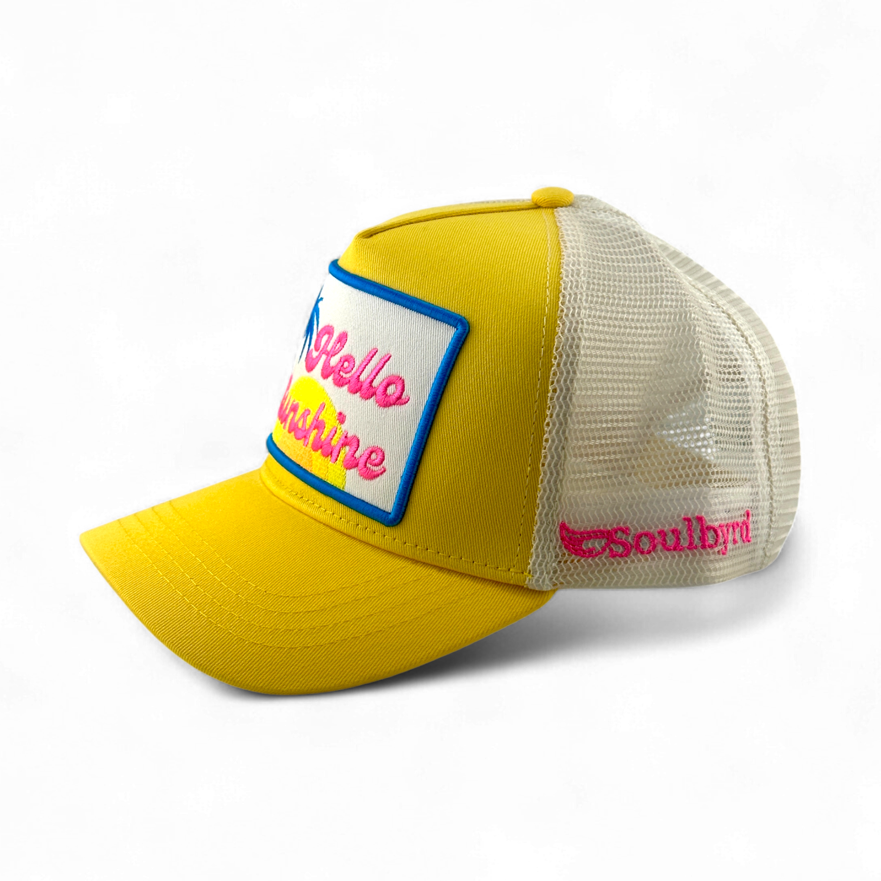 Yellow cotton twill trucker hat with Hello Sunshine palm tree embroidery and adjustable snap back