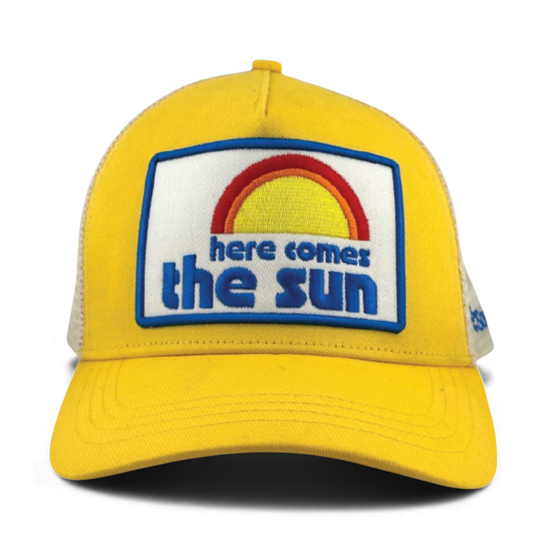 Yellow trucker hat with embroidered rainbow sun patch and 'here comes the sun' text