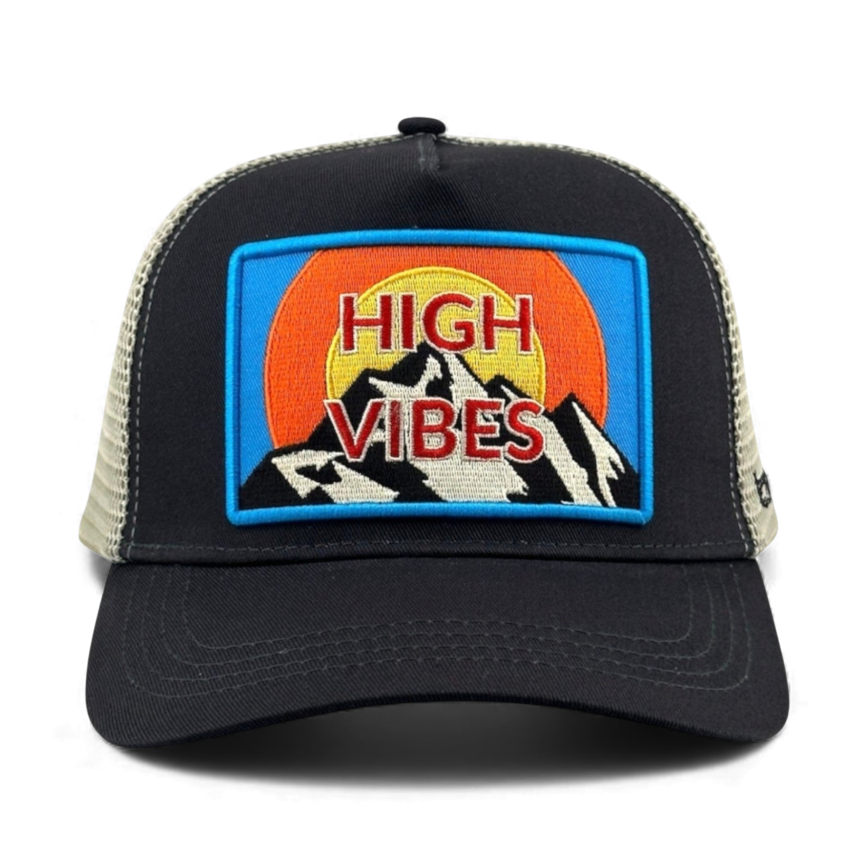 Charcoal High Vibes trucker hat with embroidered mountain sun patch and adjustable snap back
