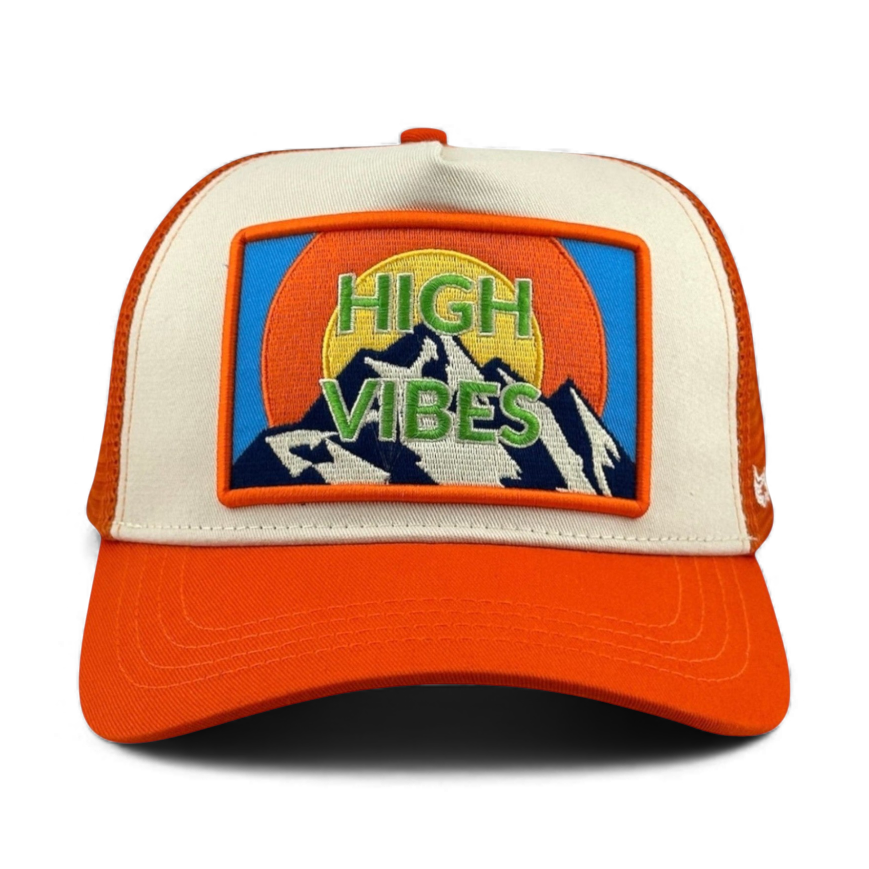Orange and cream High Vibes trucker hat with mountain embroidered patch