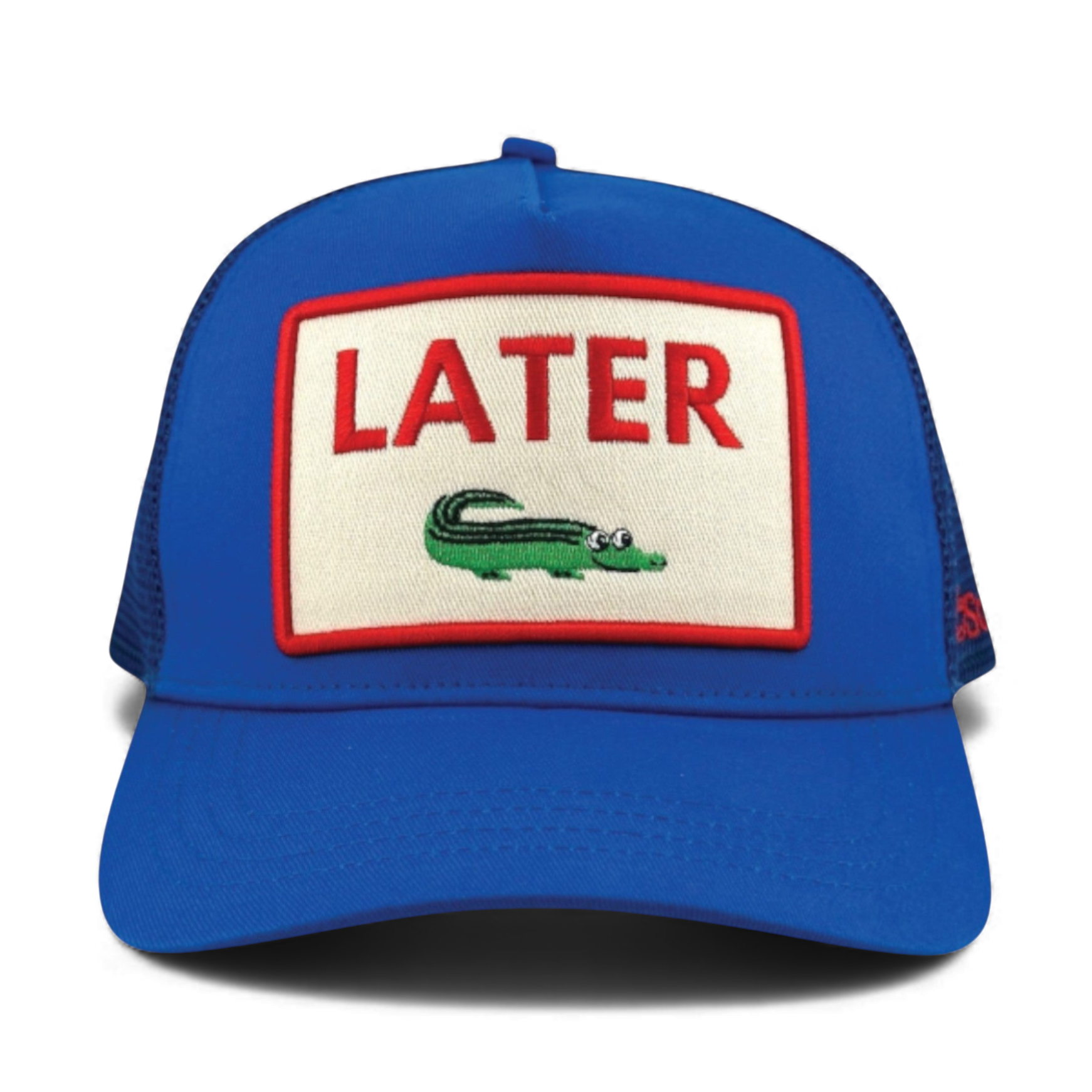 Front view of royal blue Later Gator trucker hat with alligator patch design