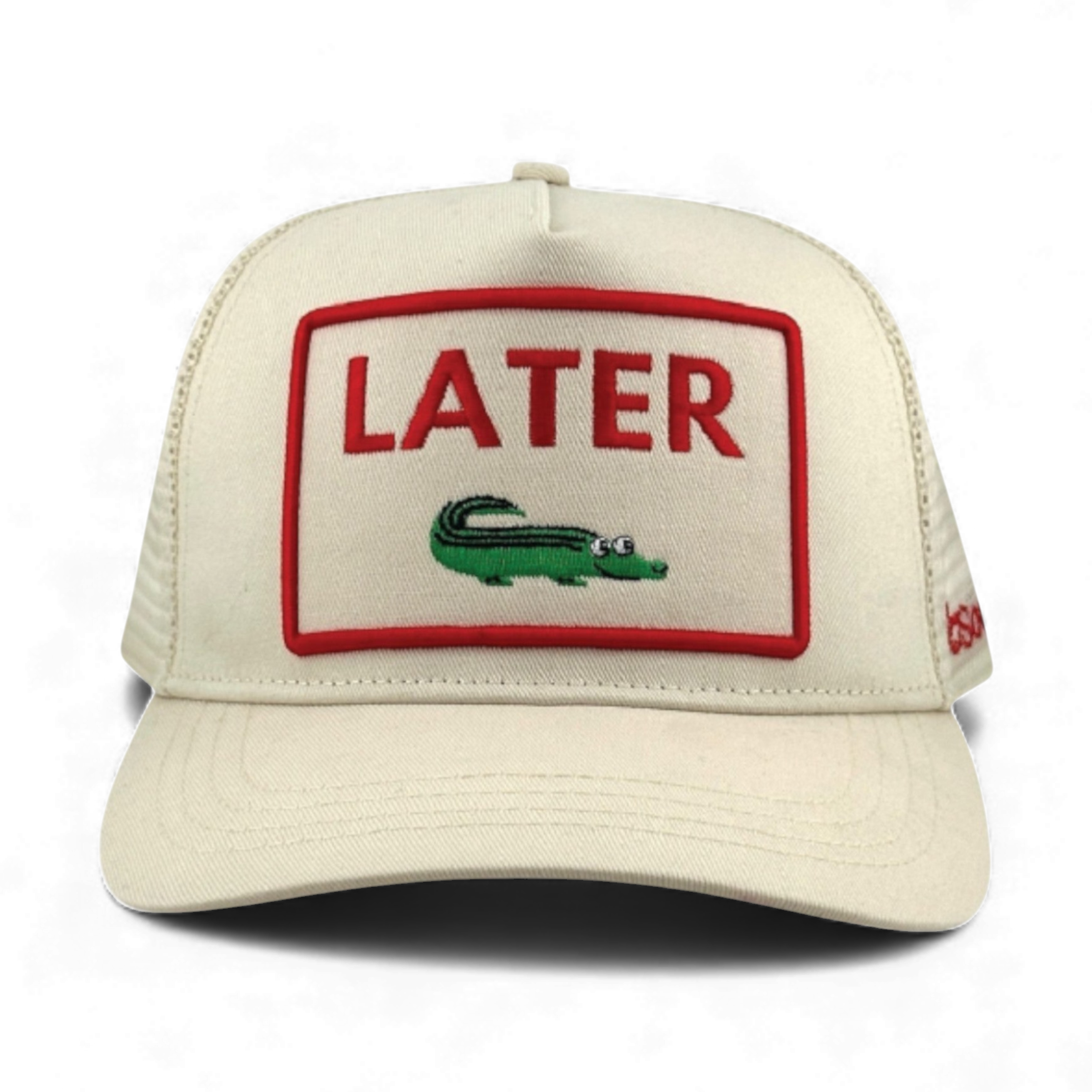 Front view of ivory cotton twill trucker hat featuring LATER GATOR crocodile patch design