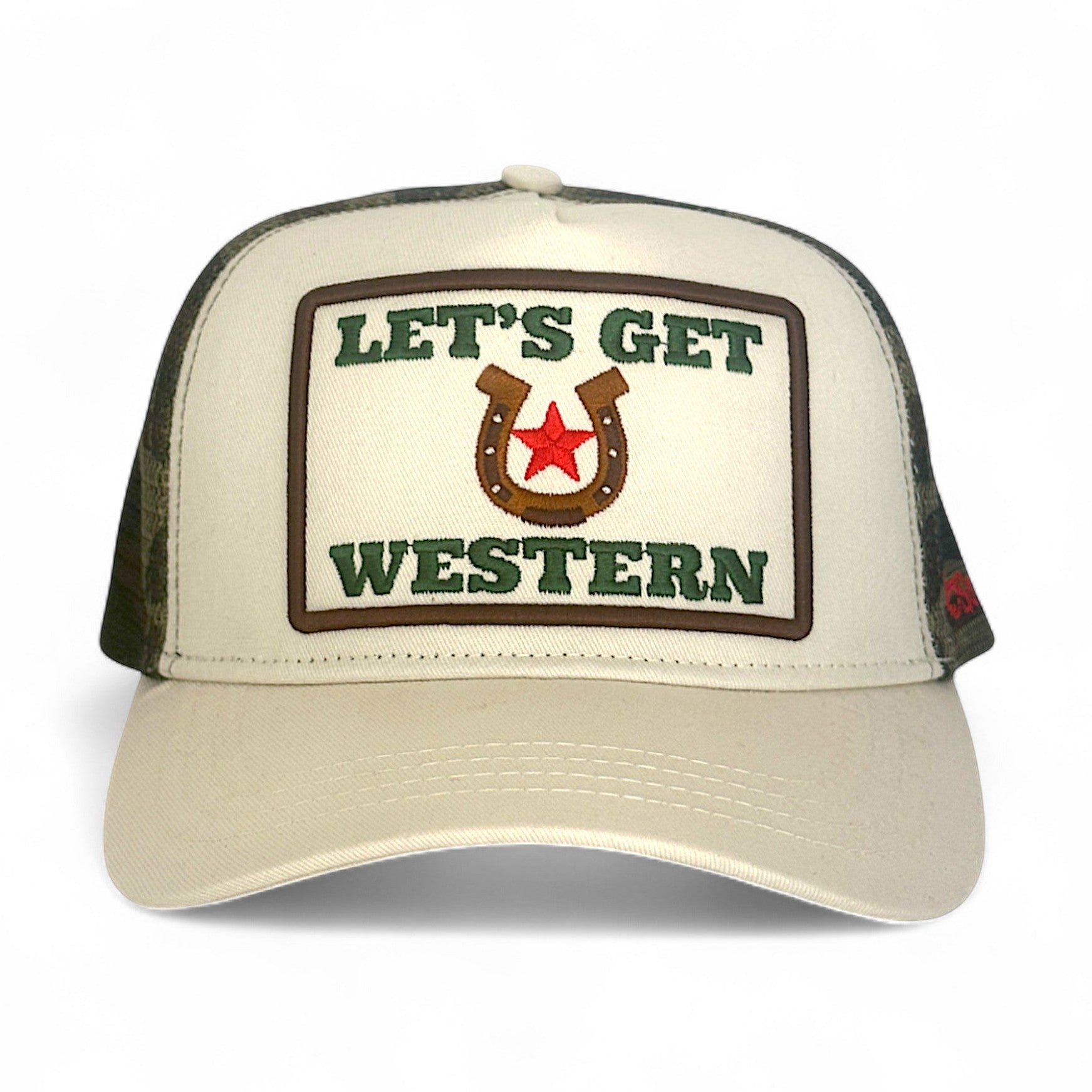 Let's Get Western Camo Trucker Hat with embroidered horseshoe patch