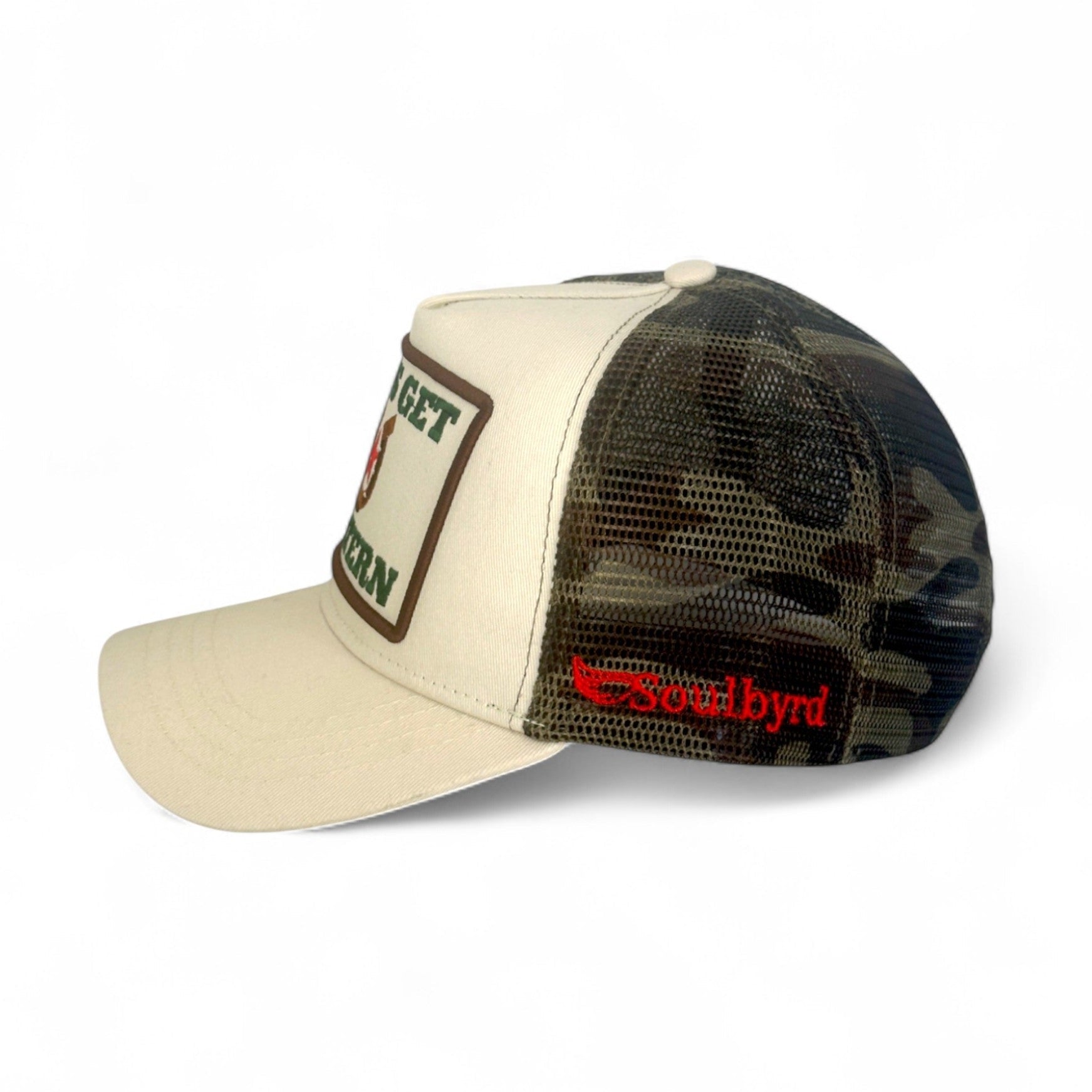 Soulbyrd Camo Mesh Trucker Hat side view with red logo