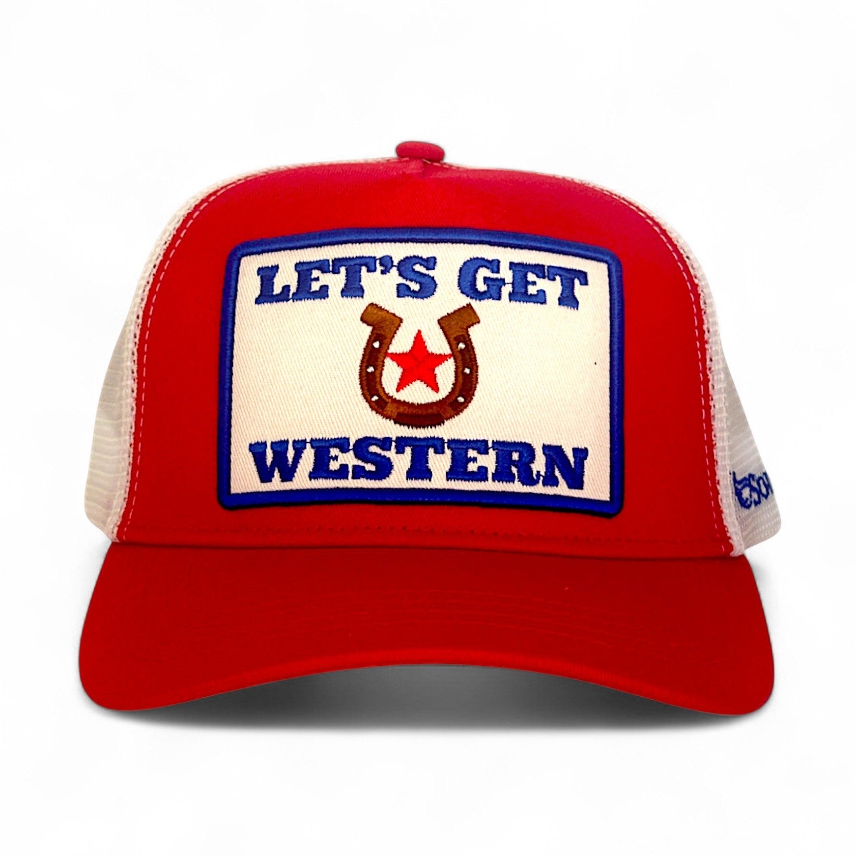 Red cotton twill trucker hat with Let's Get Western embroidered patch