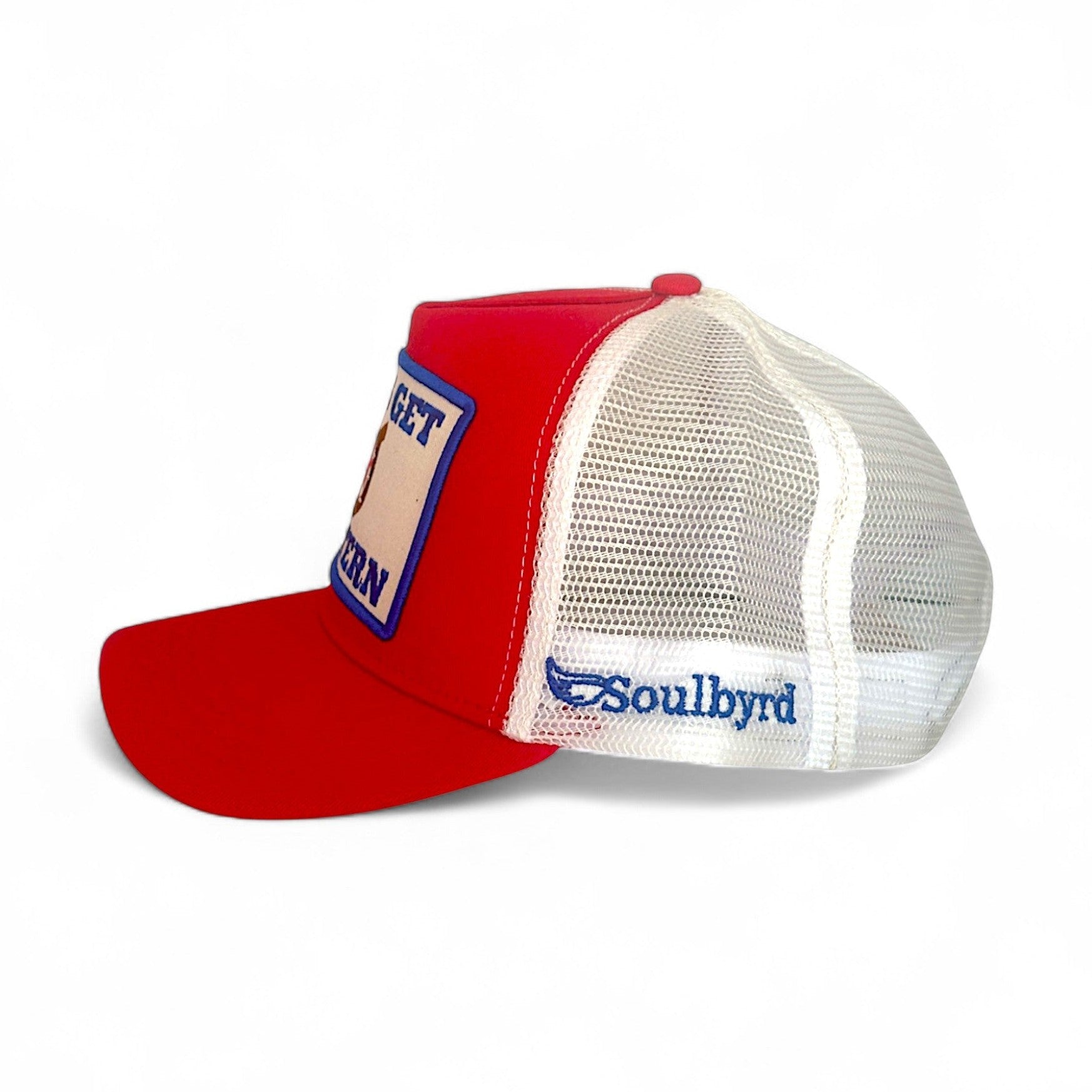 Red and white Soulbyrd trucker hat with mesh back and side logo