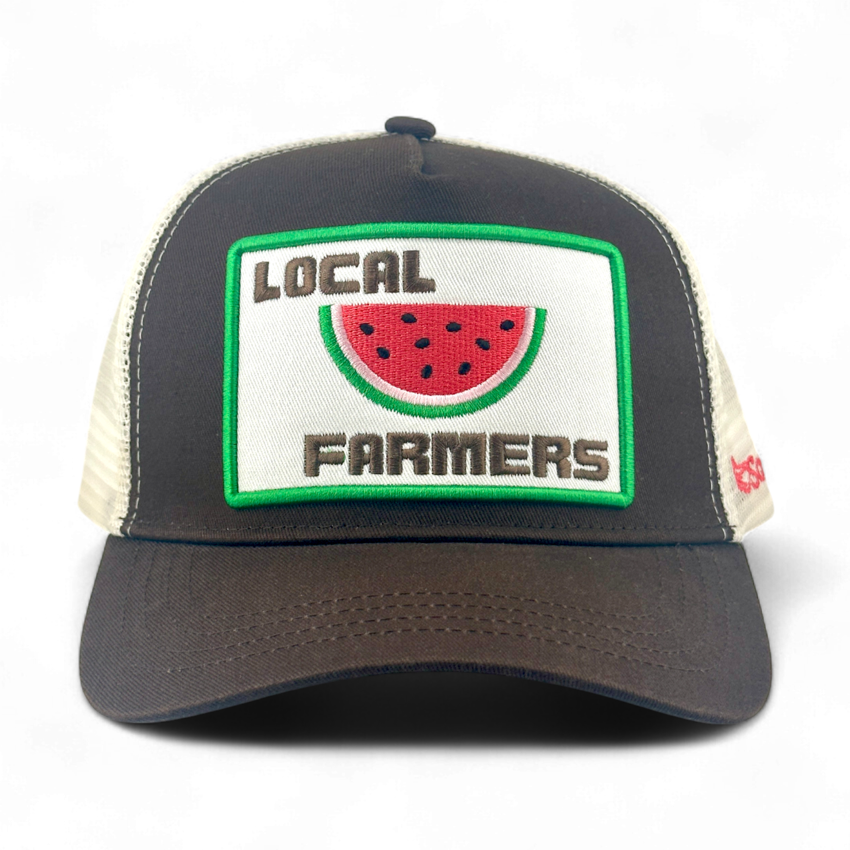 Brown cotton trucker hat with embroidered watermelon and Local Farmers patch