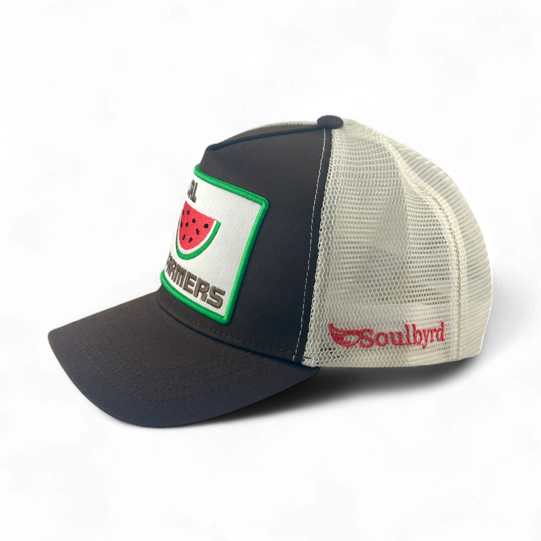 Side view of brown Soulbyrd trucker hat showing mesh back and red script logo