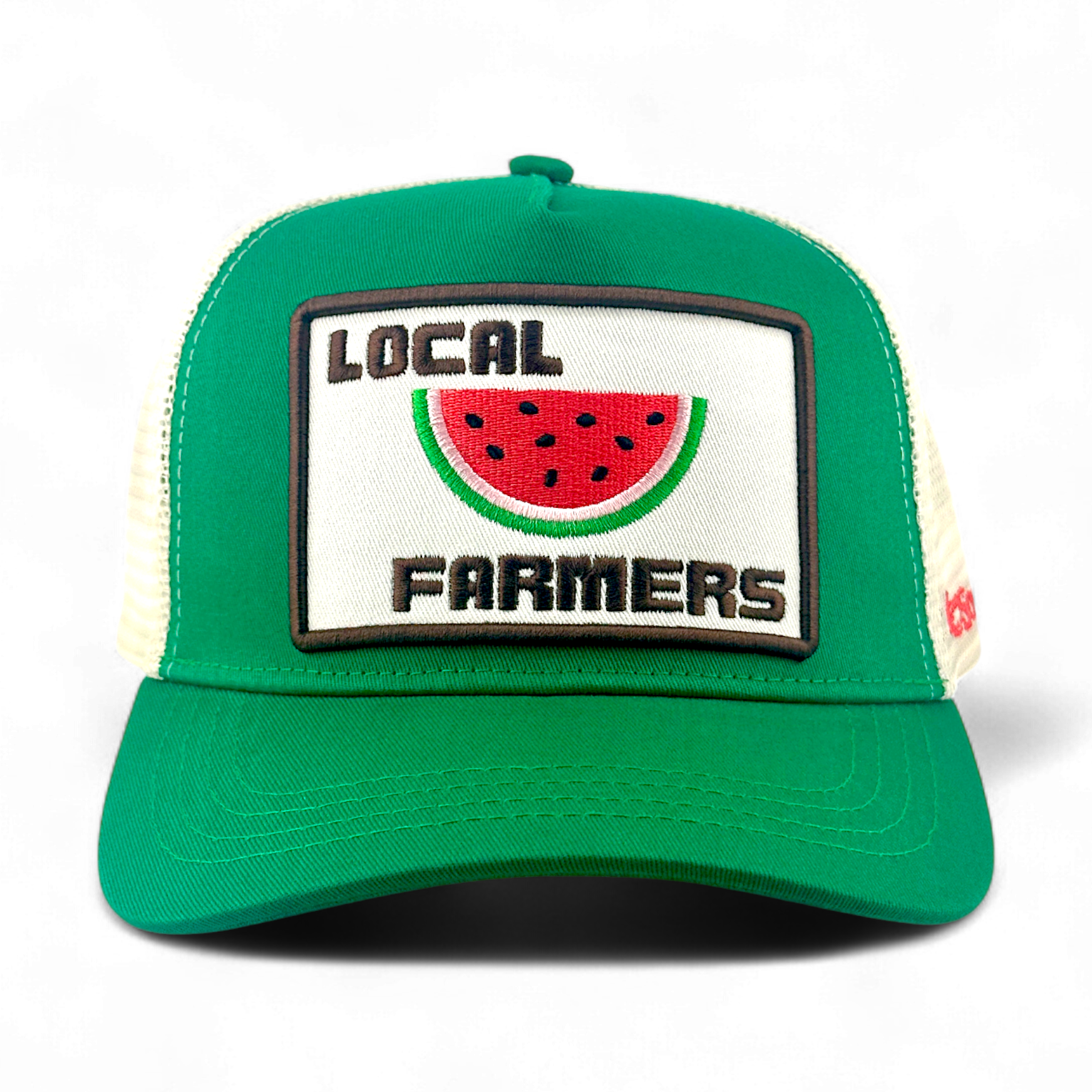 Front view green cotton twill trucker hat featuring LOCAL FARMERS watermelon embroidery