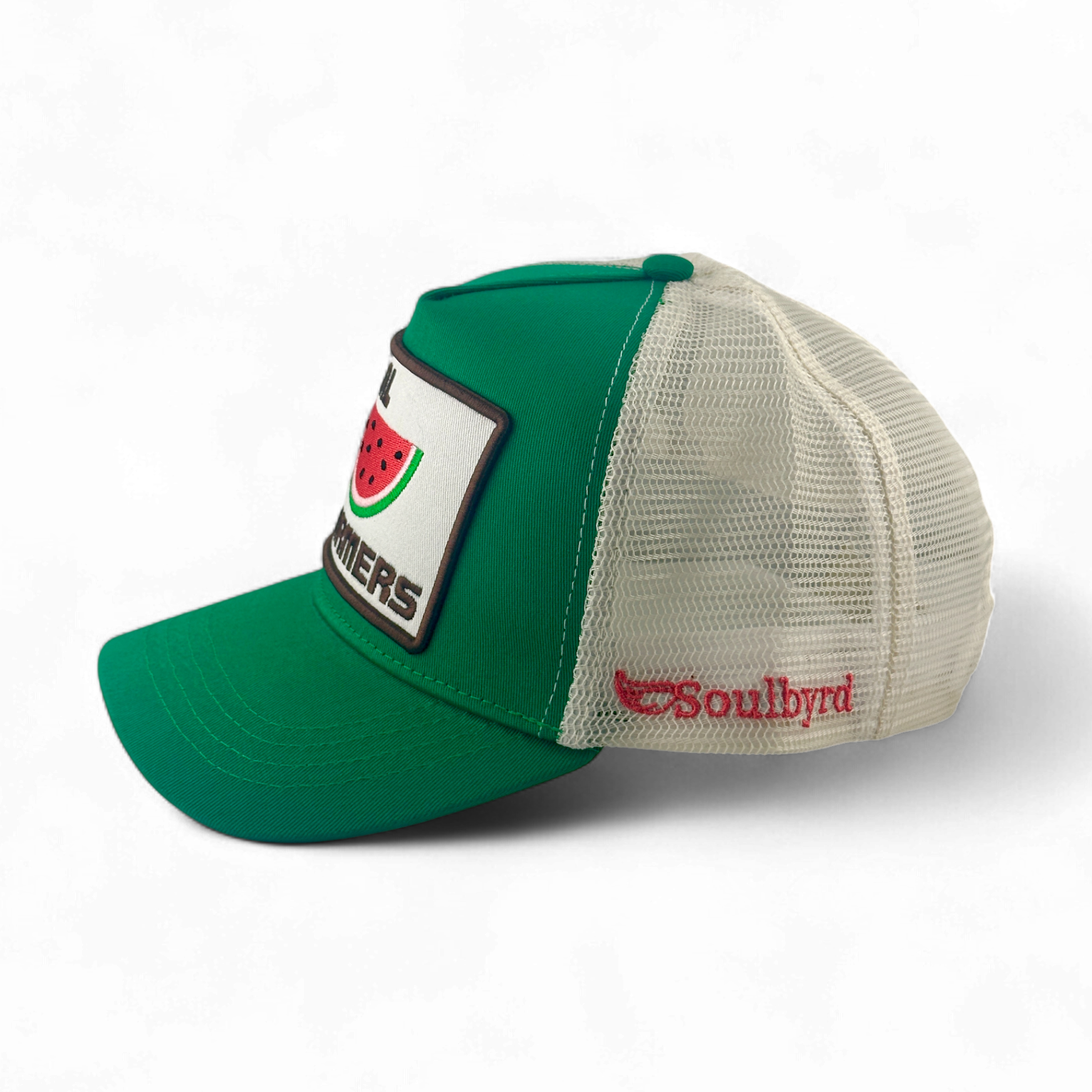 Green and cream trucker hat with embroidered watermelon LOCAL FARMERS patch