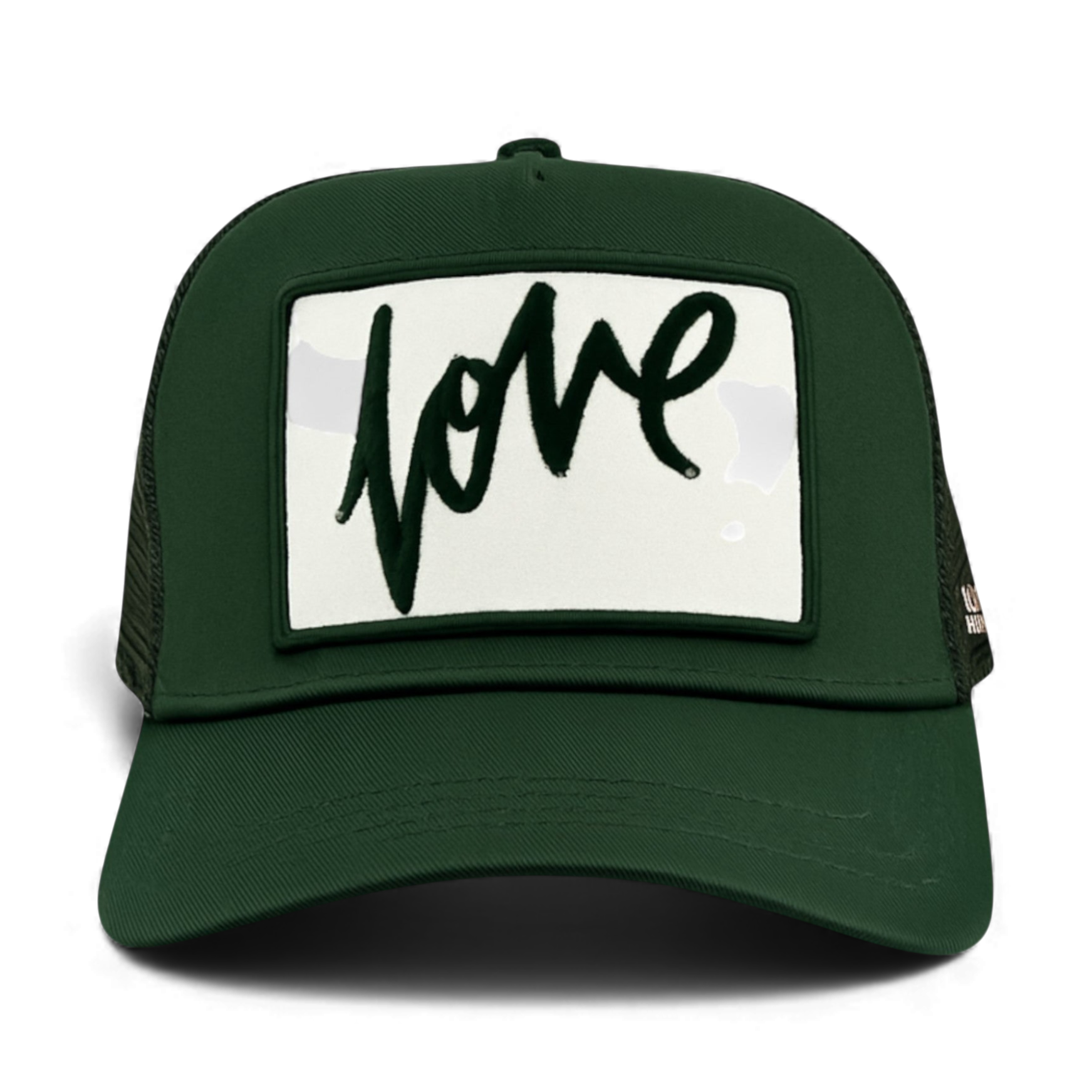 Hunter green cotton trucker hat with white patch and black cursive love script