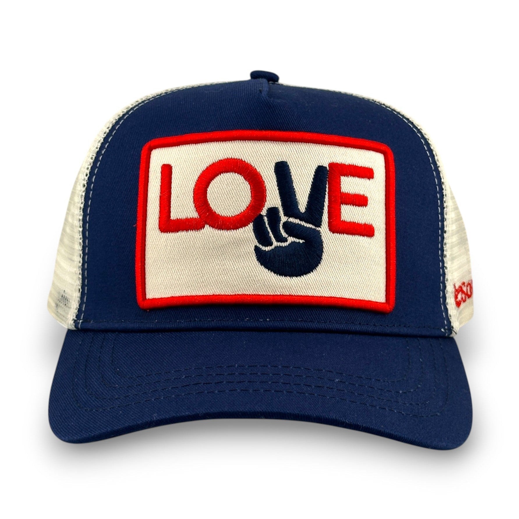 Front view navy cotton twill trucker hat featuring red LOVE peace sign design