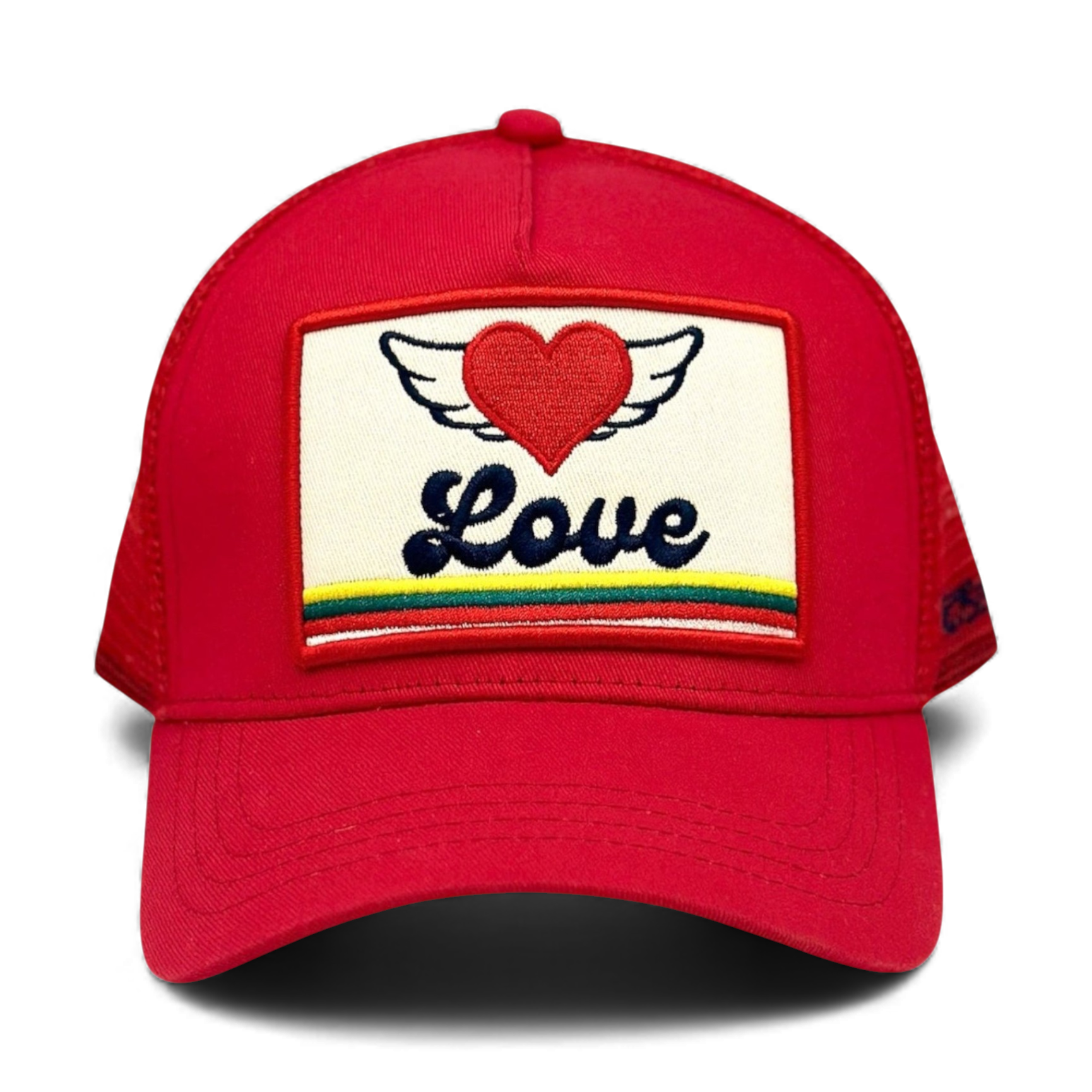 Front view red adjustable mesh trucker hat featuring Love Wings embroidery