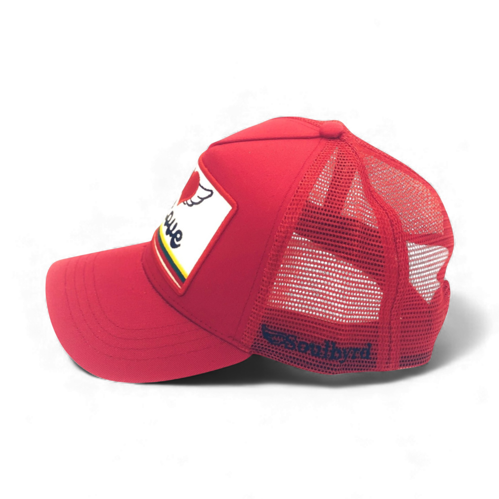 Red cotton twill trucker hat side view with embroidered heart wings logo