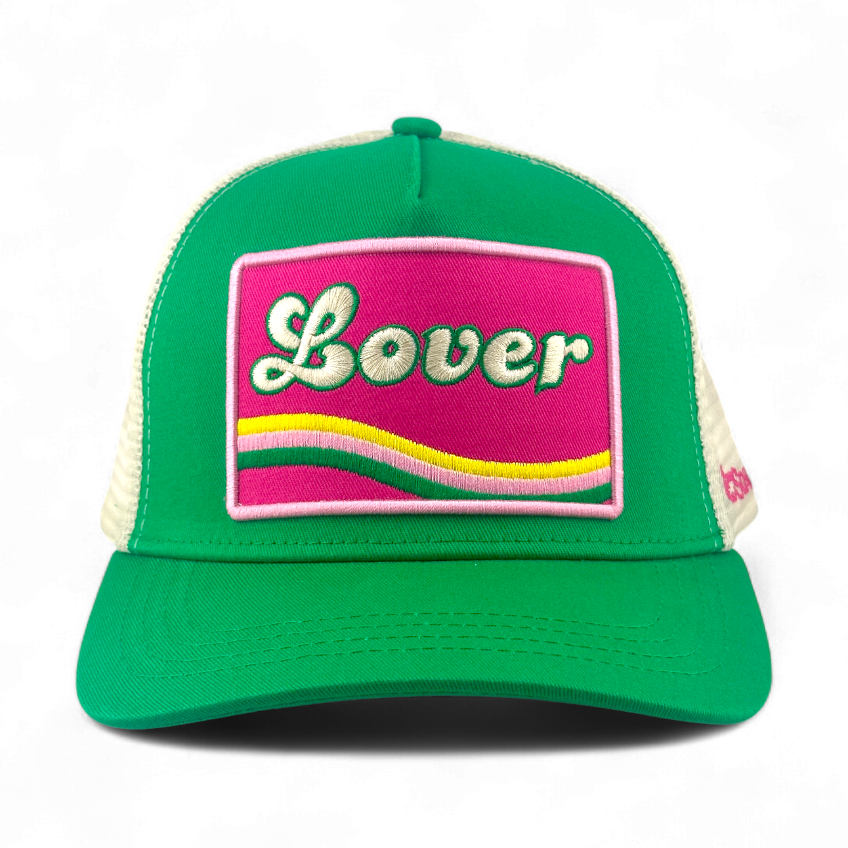 Green Lover Trucker Hat with embroidered pink and cream patch