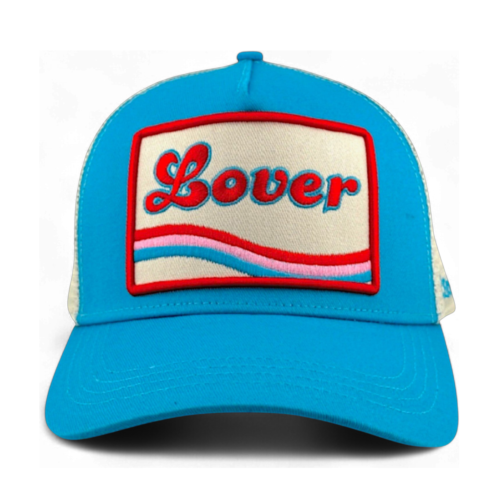 Lover Trucker hat turquoise cotton twill with red cursive Lover patch