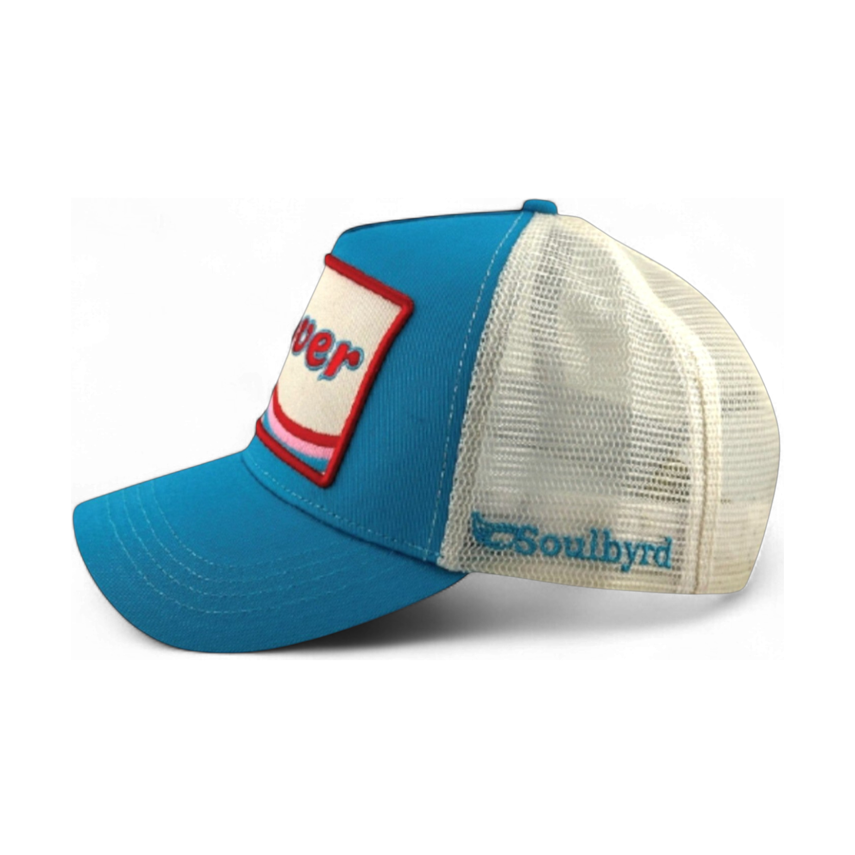 Turquoise mesh back trucker hat showing Soulbyrd bird logo embroidery