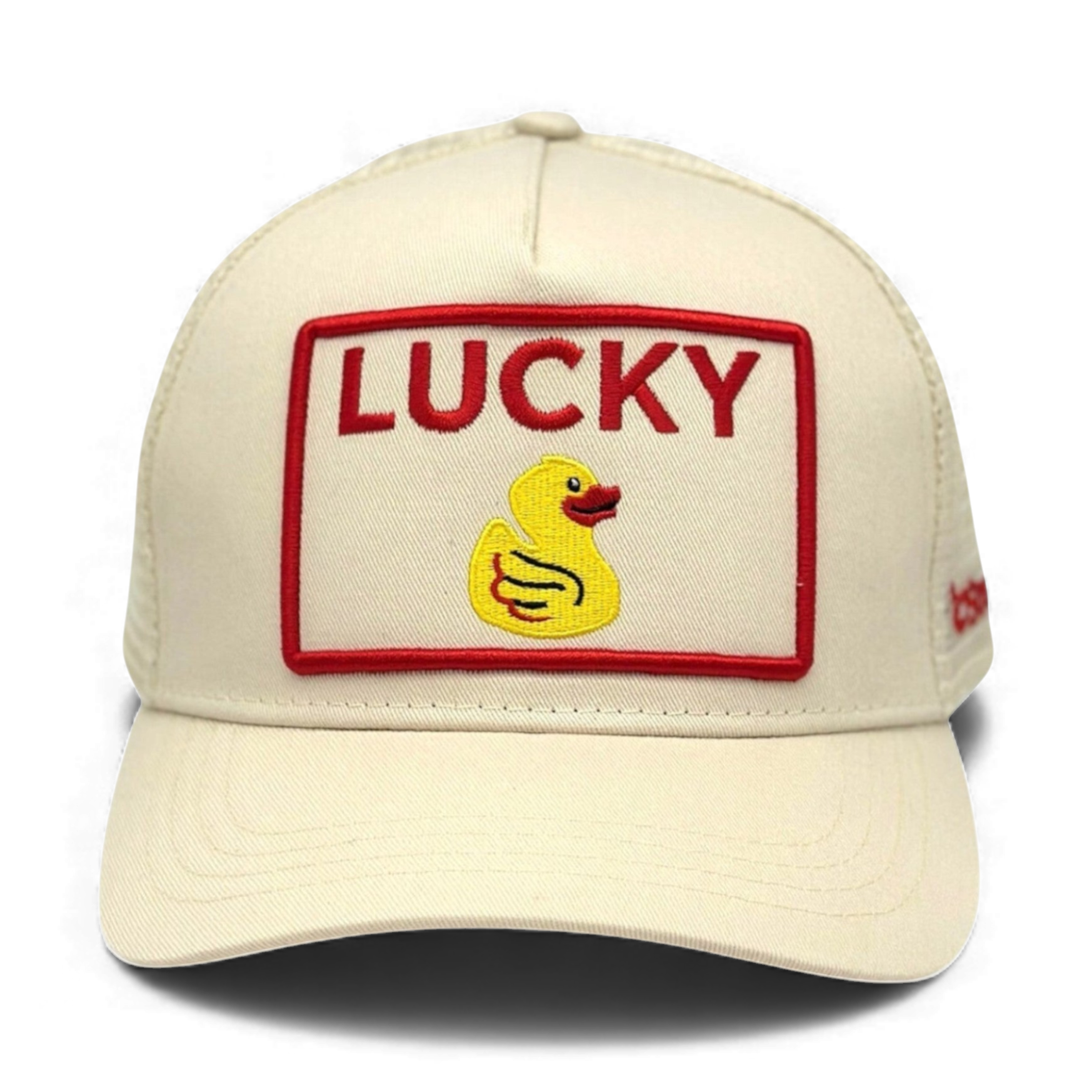 Front view of cream adjustable trucker hat with red 'LUCKY' lettering and yellow duck embroidery