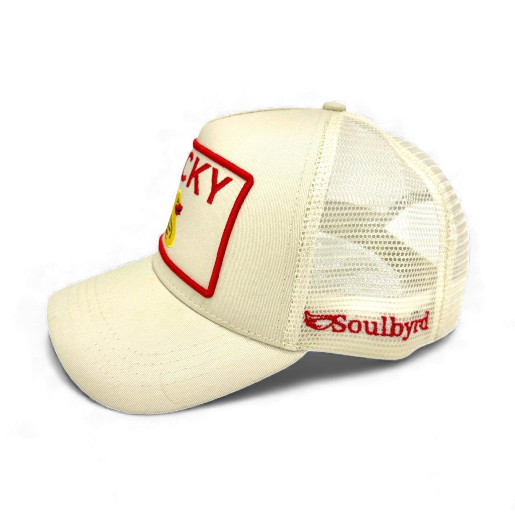 Side view of cream cotton twill trucker hat with red-outlined patch and yellow duck detail