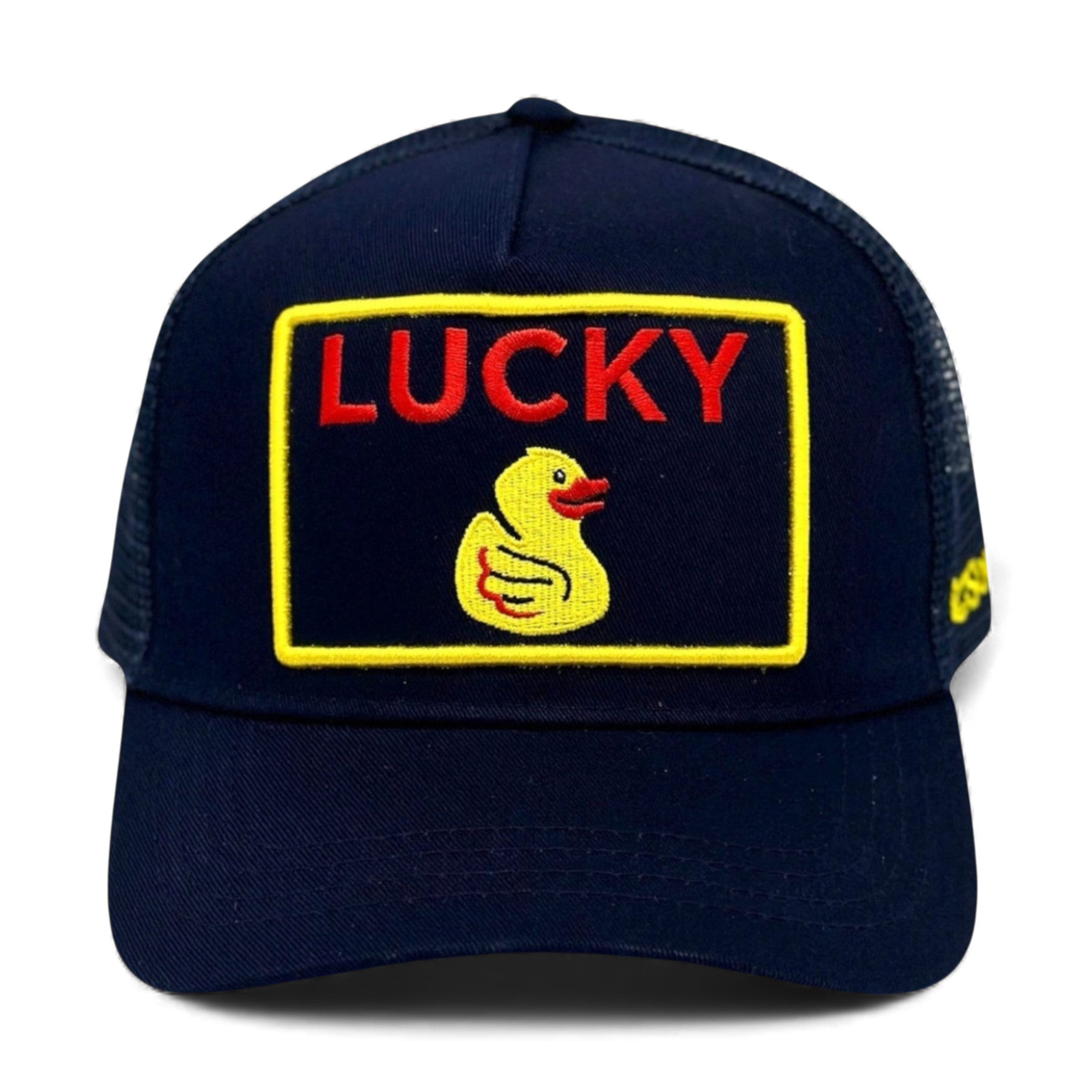 Front view of navy blue 5-panel trucker hat featuring red LUCKY text and yellow duck embroidery
