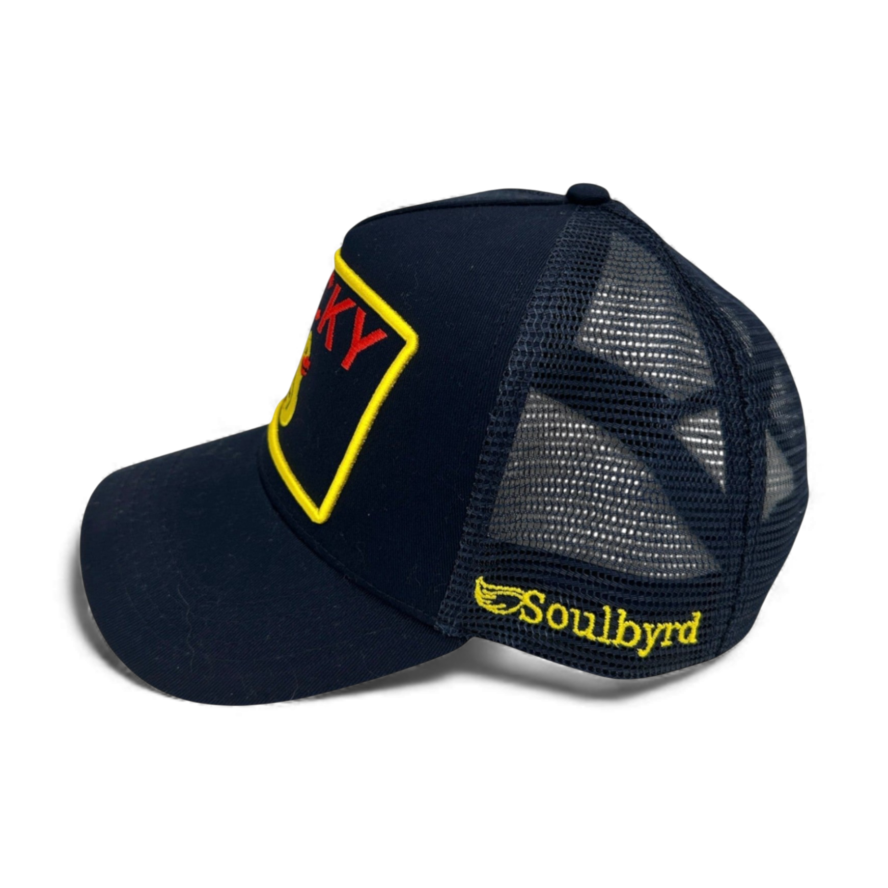 Side view of navy blue Soulbyrd Lucky Duck trucker hat with yellow duck patch and mesh back