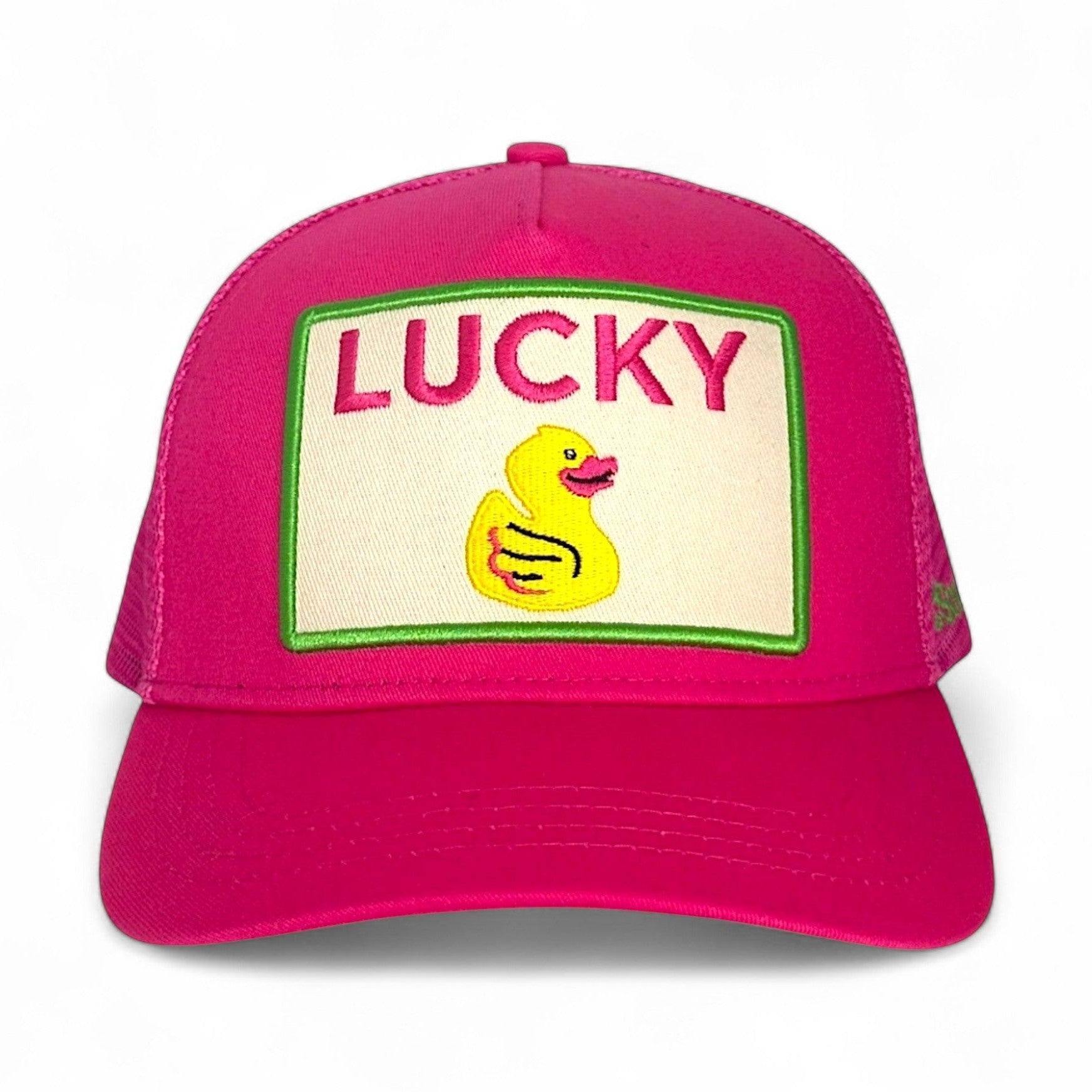 Front view pink Lucky Duck trucker hat with yellow rubber duck graphic