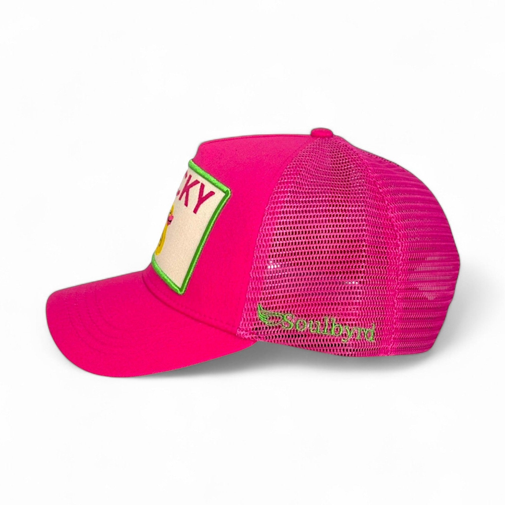 Pink Soulbyrd trucker hat side view with mesh back and duck patch detail